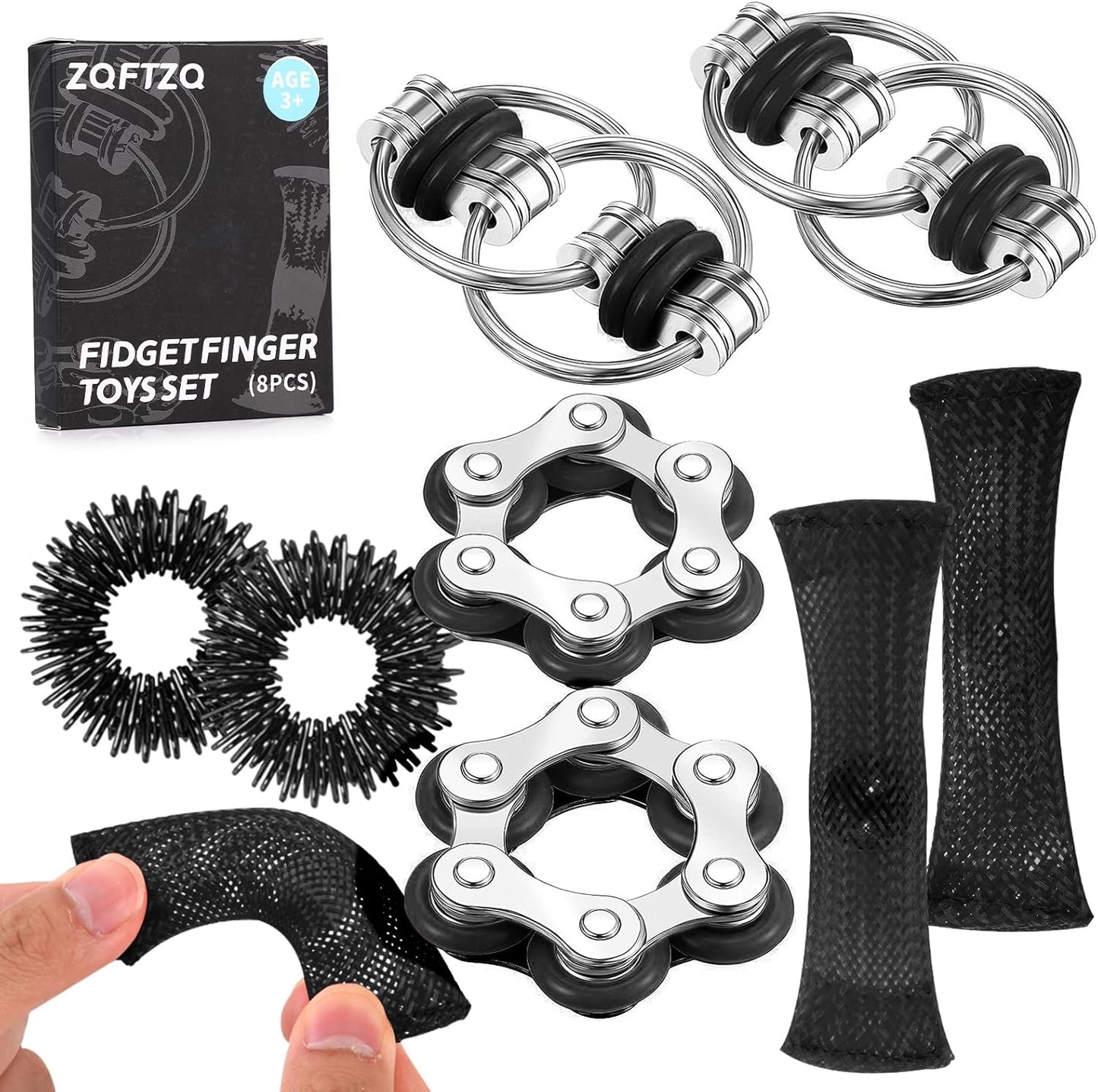 8Pcs Sensory Fidget Toys with Fidget Spinner Anxiety Toys Acupressure Rings Bike Chain Marble Mesh and Flippy Chain Desk Fidgets Stim Toys for Autism Fidget Toy for Teens Adults Boys & Girls