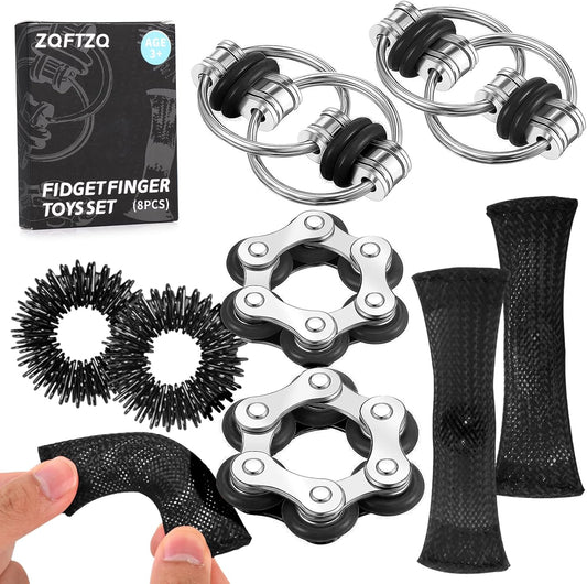 8Pcs Sensory Fidget Toys with Fidget Spinner Anxiety Toys Acupressure Rings Bike Chain Marble Mesh and Flippy Chain Desk Fidgets Stim Toys for Autism Fidget Toy for Teens Adults Boys & Girls