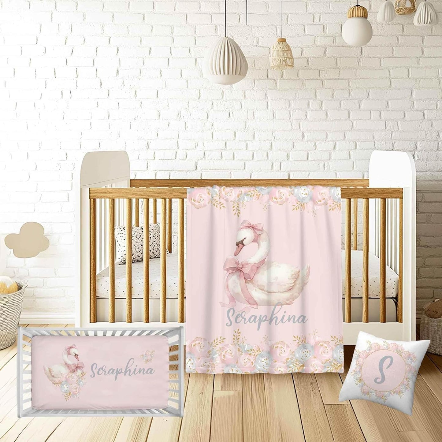 Personalized Baby Girl Crib Bedding Set – Custom Name Swan 3-Piece Nursery Set with Soft Flannel Blanket, Fitted Sheet & Pillowcase – Infant & Toddler Bedding Gift