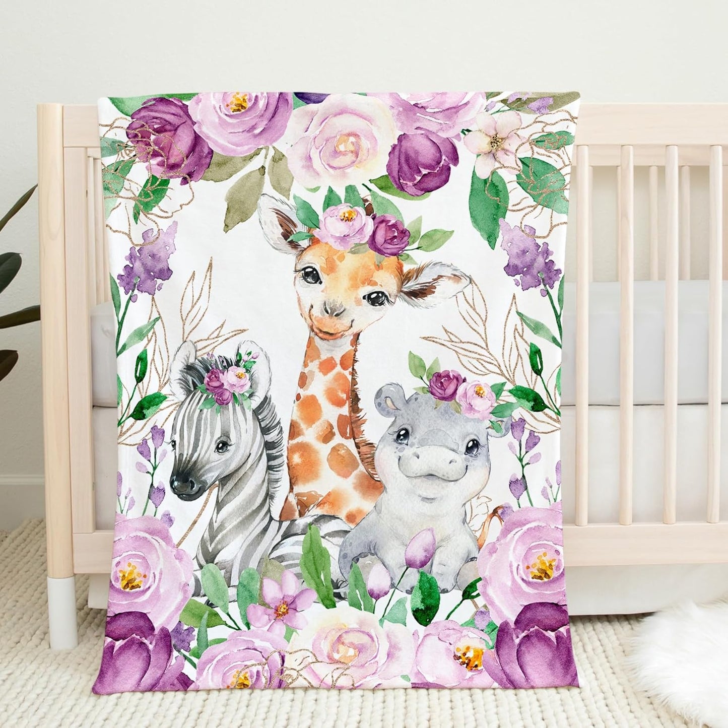 UNIQUE Violet Flowers Safari Ultra Soft Fleece Baby Blanket 30x40in, Cute Zebra Hippo Giraffe Baby Blanket, Girl