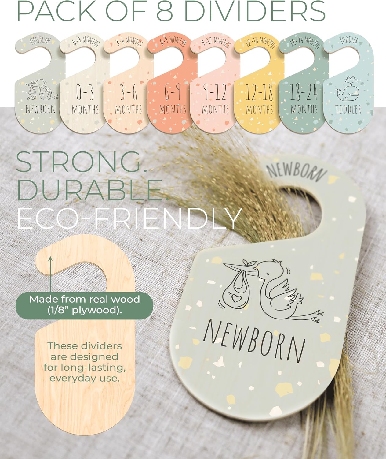 Colorful Baby Size Closet Dividers - Wooden Baby Clothes Organizer for Nursery Decor, Storage & Organization - 8 Pcs of Baby Closet Dividers Ideal as Neutral Nursery Storage Organizers