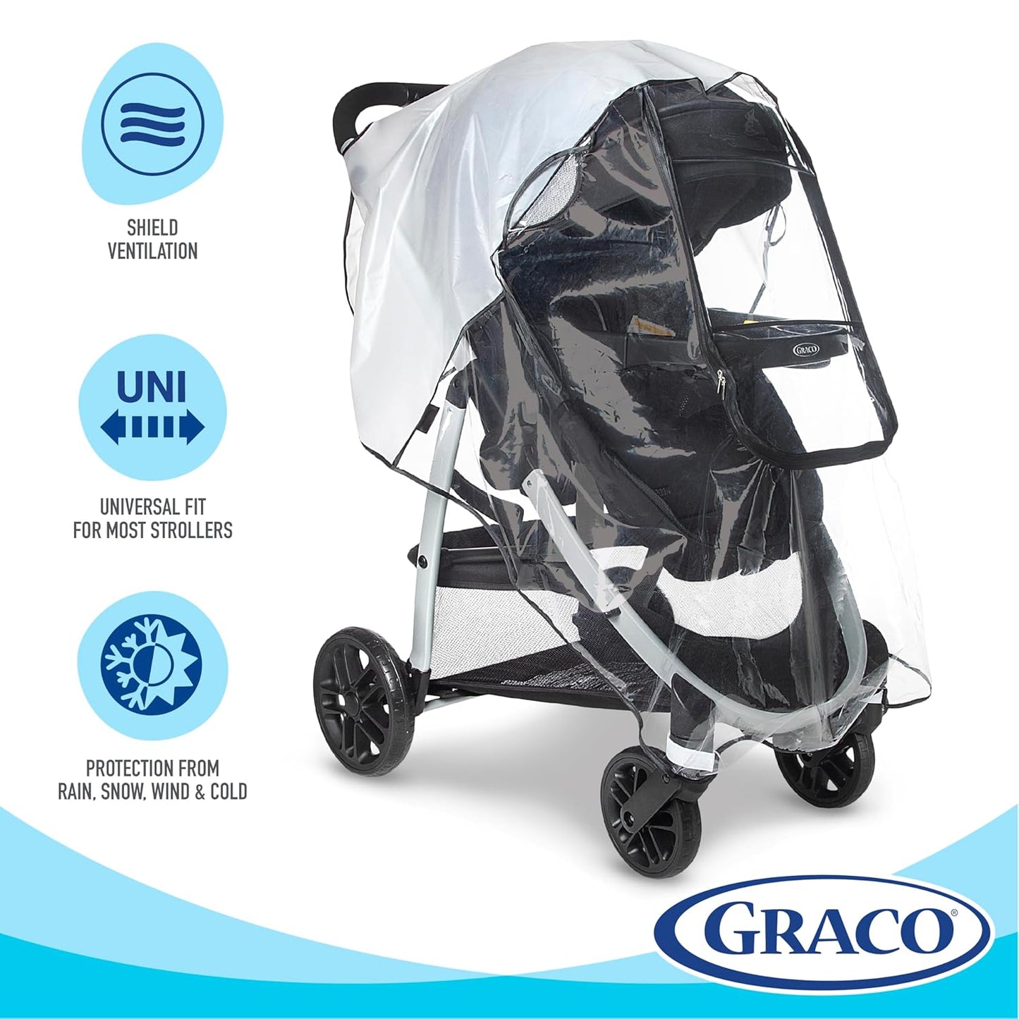 Graco Univeral Deluxe Weather Shield with Zippered Window, Baby Rain Cover, Universal Size to fit Most Stollers, Waterproof, Windproof, Ventilation, Protection, Shade, Umbrella, Pram, Vinyl, Clear