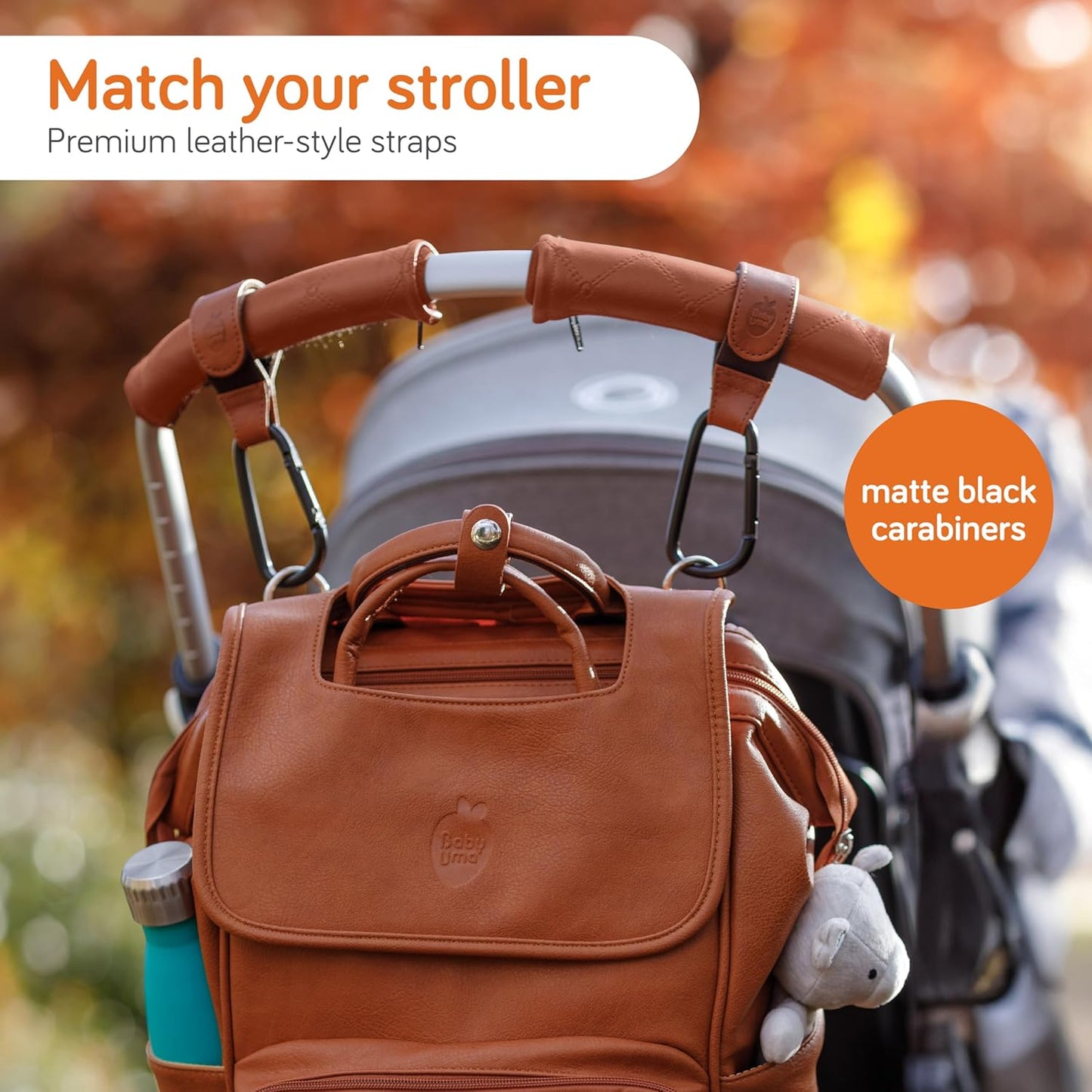 Baby Uma Baby Stroller Hooks - 2-Pack of Leather-Style Stroller Accessories, Non-Slip Stroller Clips, Carry 11 lbs per Stroller Bag Hook, Universal Hooks, 2 x Stroller Carabiner Clip (Camel)