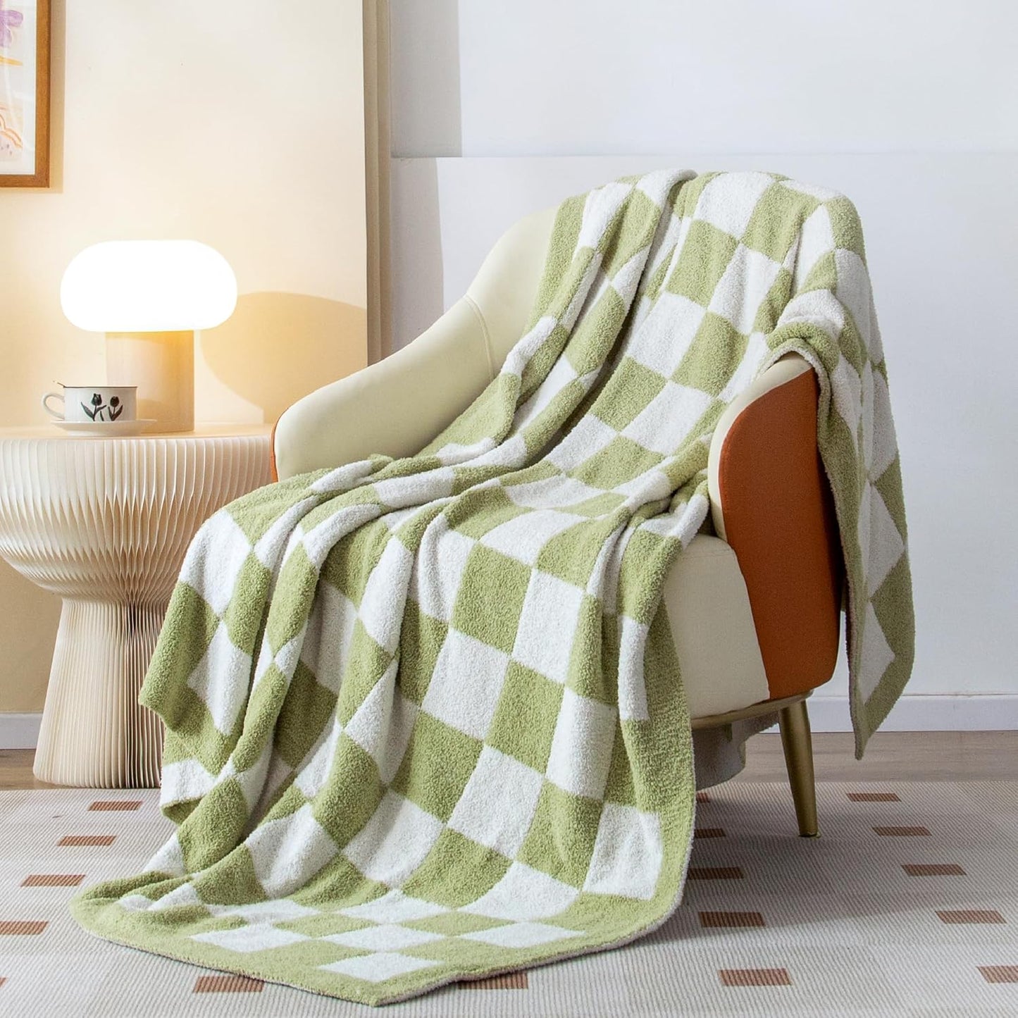 SeaRoomy Checkered Blanket, Ultra Soft Knitted Blanket Queen Size, Warm Cozy Fluffy Microfiber Reversible Checkerboard Bed Throw for All Seasons Sage Green Decor(Sage Green, 90"×90")