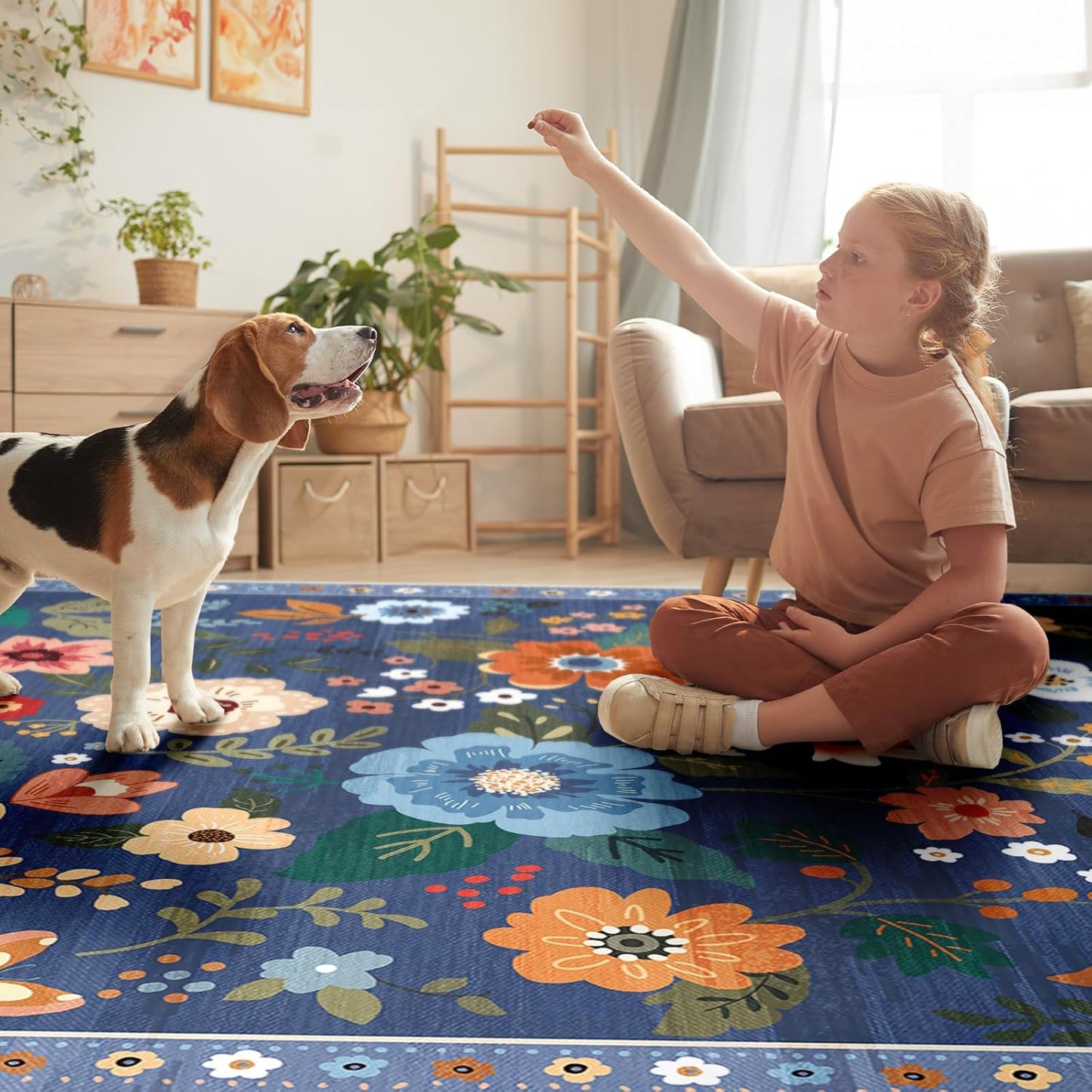 Floral 8ft Area Rug Machine Washable Soft Print Boho Carpet Non Slip Doormat Low Pile Flower Area Rugs for Living Room Bedroom Nursery Kitchen Dining Room Indoor-Blue/Grey