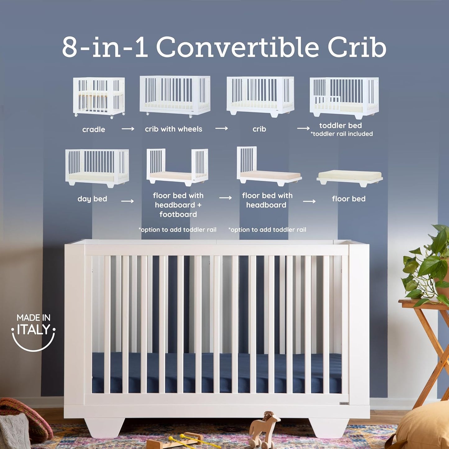 dadada Spirit 8 in 1 Convertible Crib to Toddler Bed & Floor Bed, Made in Italy, Greenguard Gold Certified, Adjustable Mattress Heights (White)