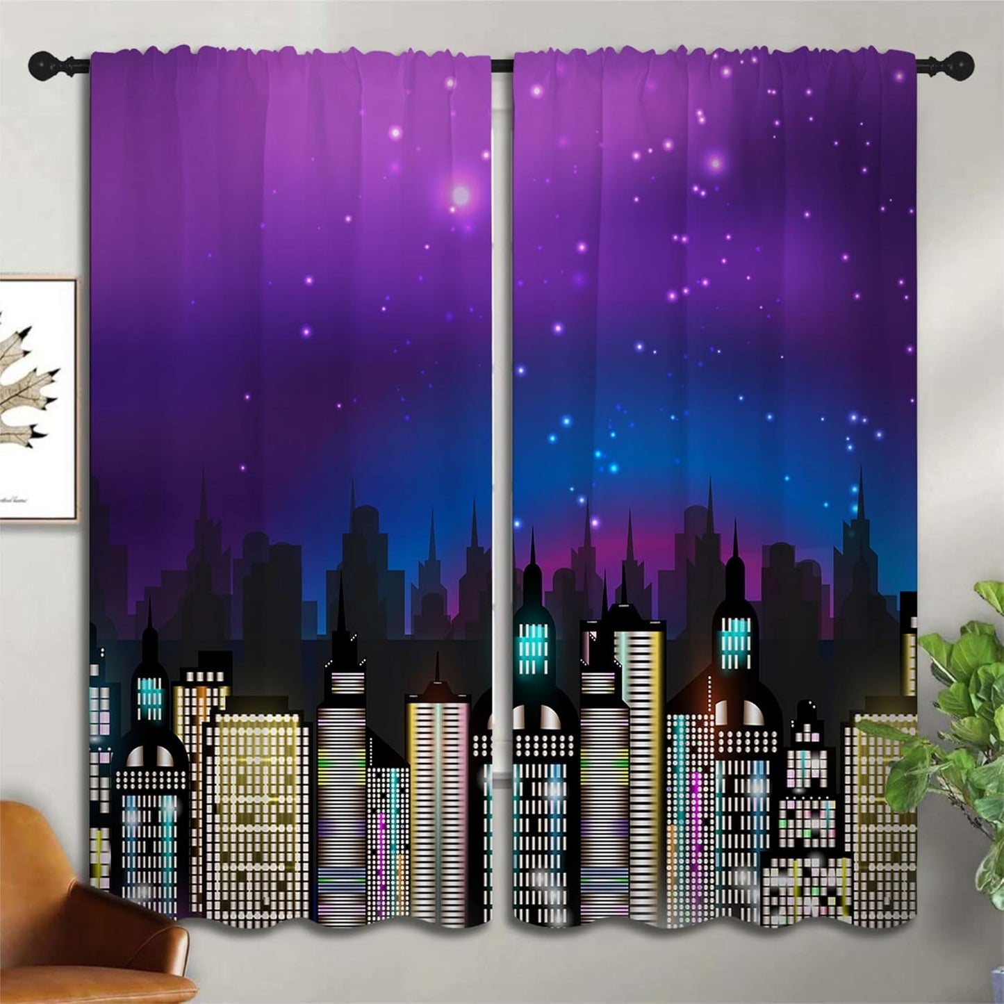 Superhero Rod Pocket Blackout Curtains for Boy Girl Bedroom, Super City Skyline Buildings Night Panorama Thermal Insulated Home Window Drapes for Living Room Darkening, 55x63 inch