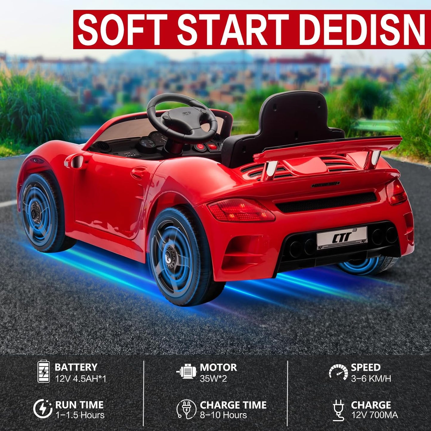 Licensed RUF CTR3 12V Kids Electric Car with Parent Remote Control, 2 Motors, 3 Speeds, LED Lights, MP3 Player | Battery Powered Ride-On Toy for Kids to Drive - Red