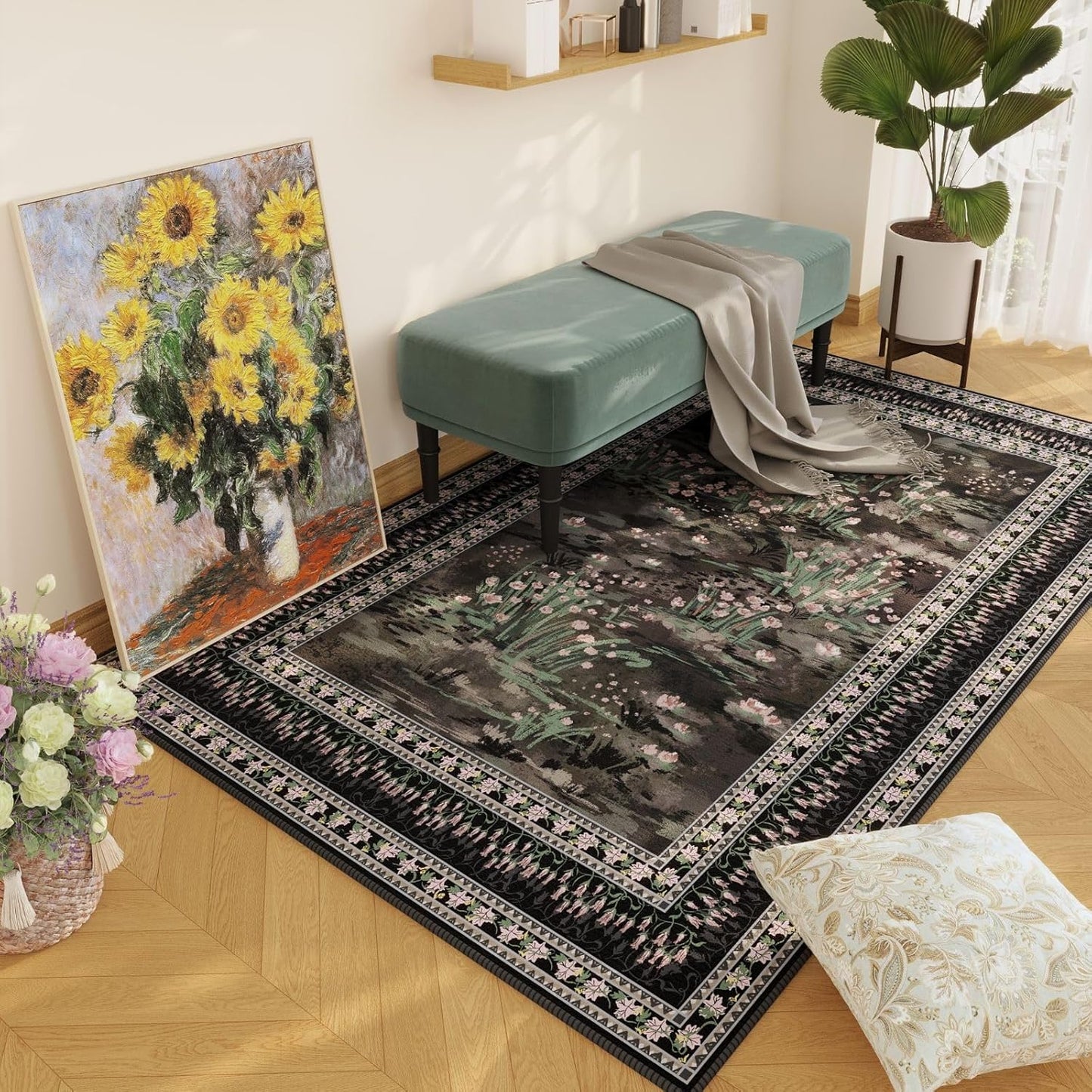 3x5 Washable Rug Impressionist-Style Vintage Non Slip Low Pile Small Carpet for Bedroom Bedside Kitchen Entryway Kids Room Office College Dorm Essentials for Girls, Black