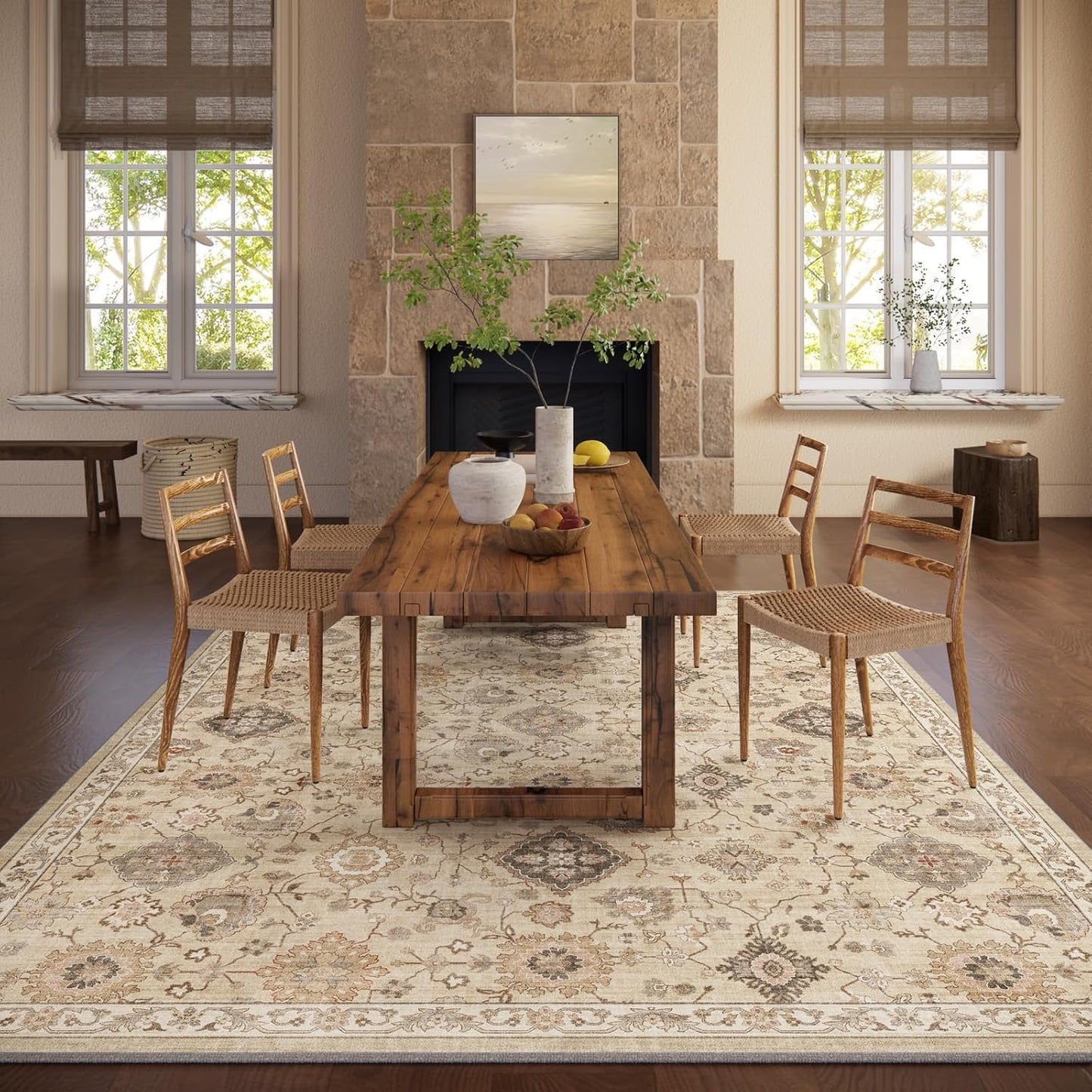 Machine Washable Rug for Living Room: 8x10 Area Rugs Boho Vintage Rug Stain Resistant Non Slip Low Pile Soft Lightweight Carpets for Bedroom Kitchen Dining Room Nursery Kids Room Farmhouse