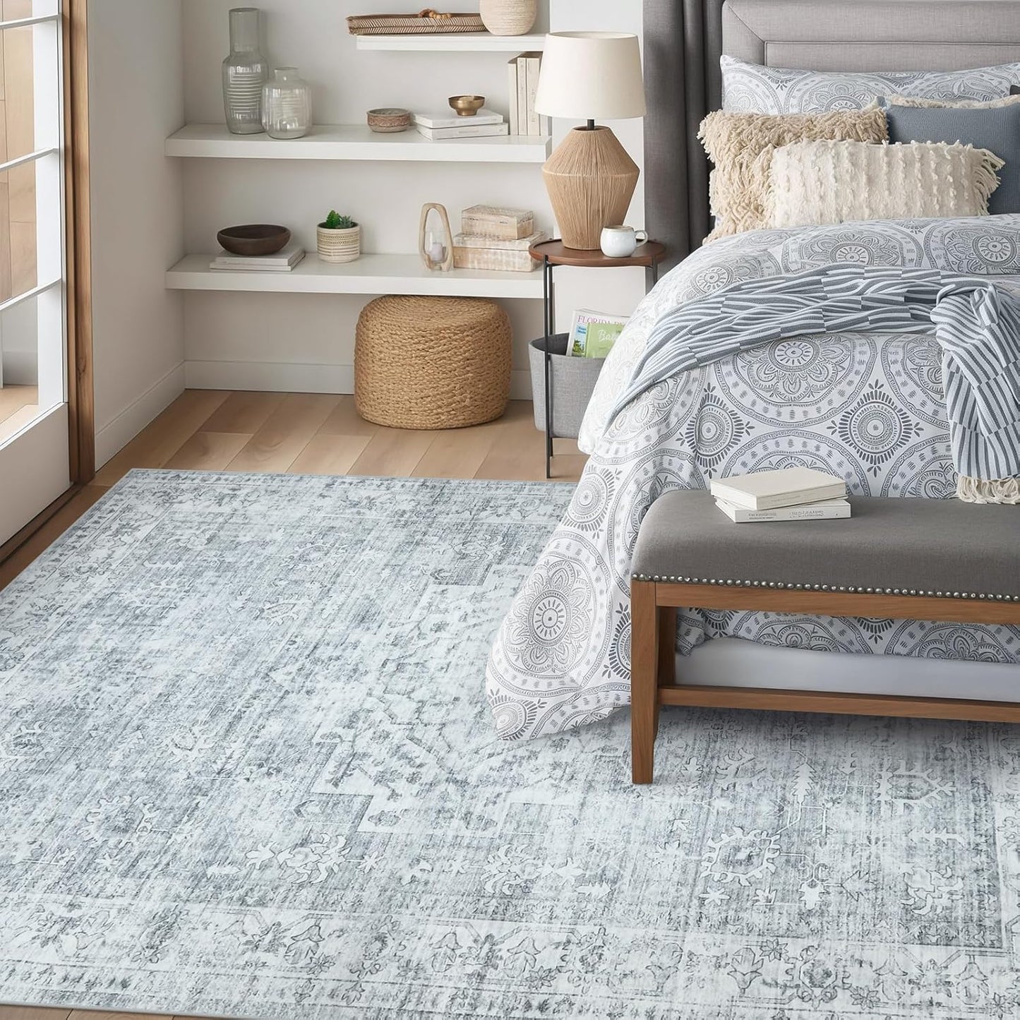 LIVEBOX Washable Area Rug 8x10 Rugs for Living Room Bedroom, Non-Slip Boho Neutral Carpet for Dining Room Office, Low-Pile Farmhouse Soft Carpets for Kids Nursery Room Playroom, Grey
