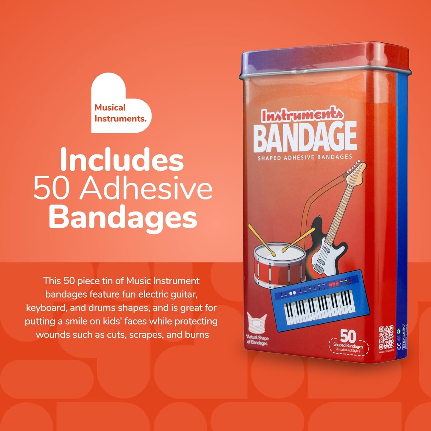 BioSwiss Bandages, Musical Instruments Shaped Self Adhesive Bandage, Latex Free Sterile Wound Care, Fun First Aid Kit Supplies for Kids and Adults, 50 Count