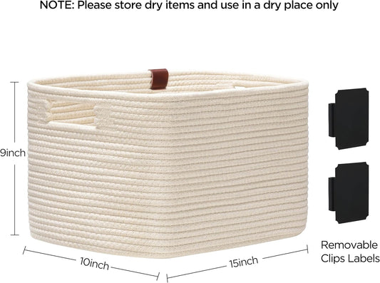 UBBCARE 2 Pack Baskets for Organizing, Woven Storage Baskets with Label for Toys and Towel, Rectangle Cotton Rope Basket with Handles, 15''L x10''W x9''H, Off-White