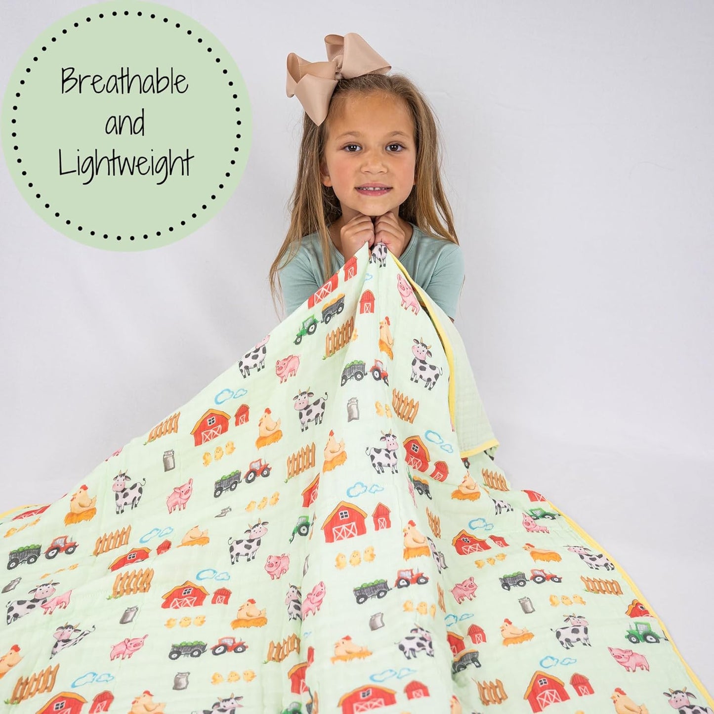 LollyBanks Muslin Baby Blanket 100% Organic Cotton, Muslin Quilt Lightweight, 6 Layers Soft Blanket Neutral, 47"x 47" Toddler Blankets for Girls and Boys, Nursery Receiving Blankets (Farm Theme Print)