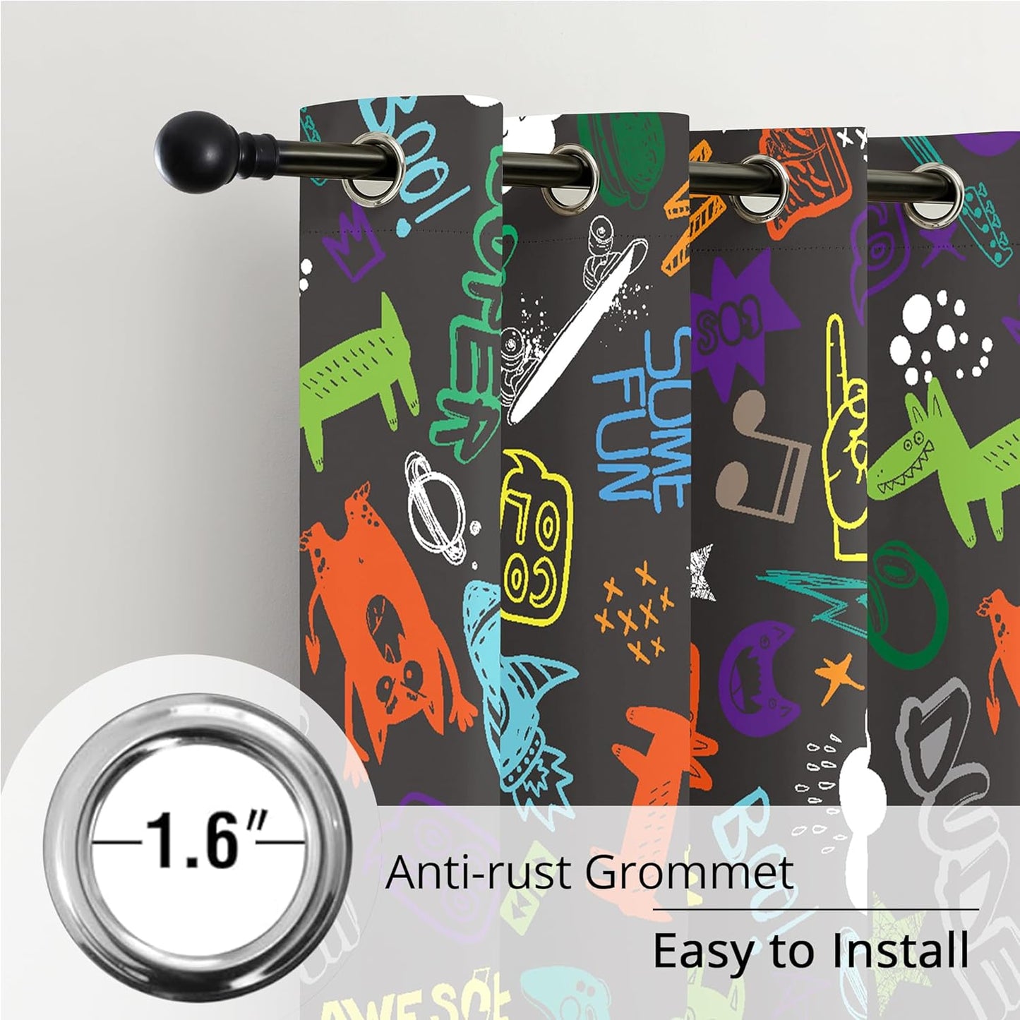 Kids Teen Graffiti Space Blackout Curtains - 100% Blackout, Thermal Insulated, Noise Reducing, Perfect for Kids Room and Nursery, 2 Panels (Graffiti Space Vibes, W52×L84)