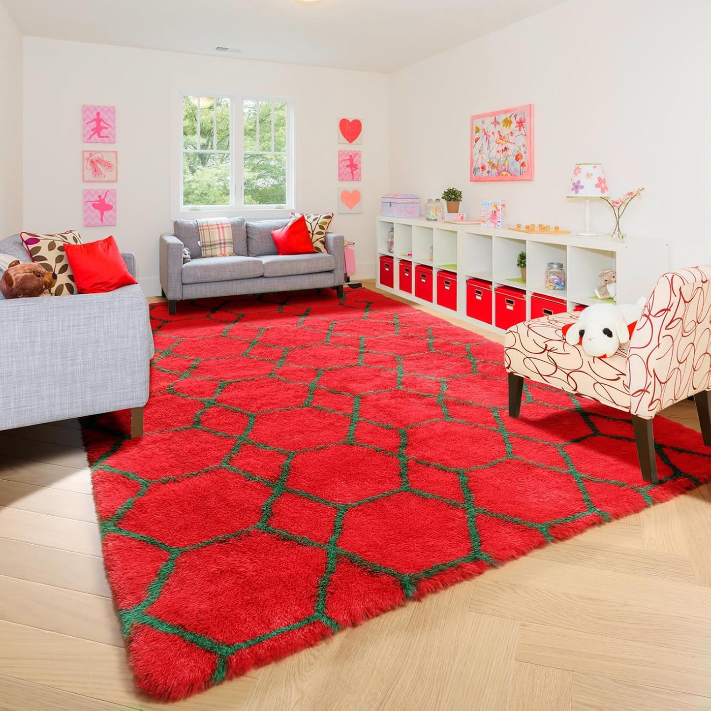 ONASAR 6x9 Area Rugs for Living Room, Large Fluffy Red and Dark Green Bedroom Rug, Geometric Boho Soft Shaggy Plush Floor Carpet for Kids Girls Teen Nursery Dorm Christmas Home Decor Aesthetic