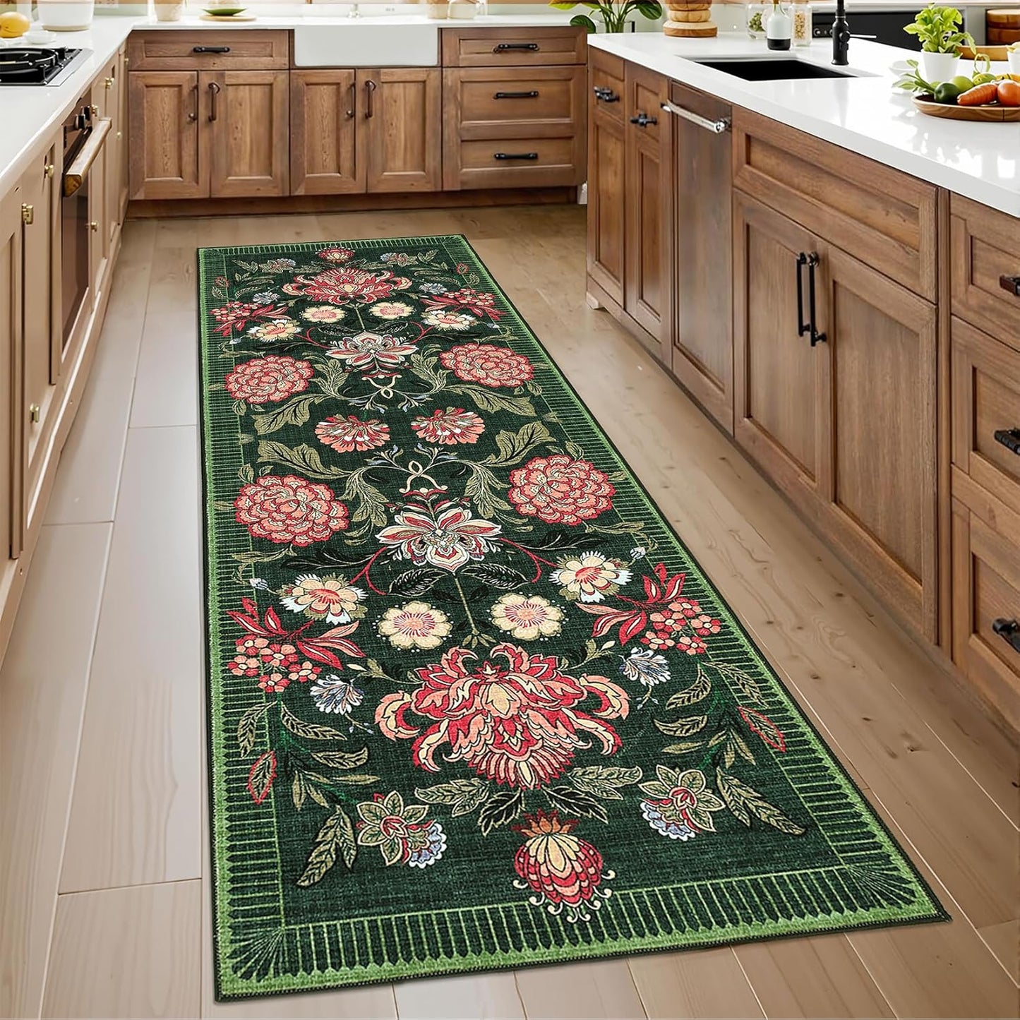 GarveeHome Forest Green Floral Botanical 2x6 Washable Kitchen Runner Rugs Non Slip Vintage Boho Cottage Long Rug for Hallways Bedroom Entryway Bathroom Mat with Rubber Back