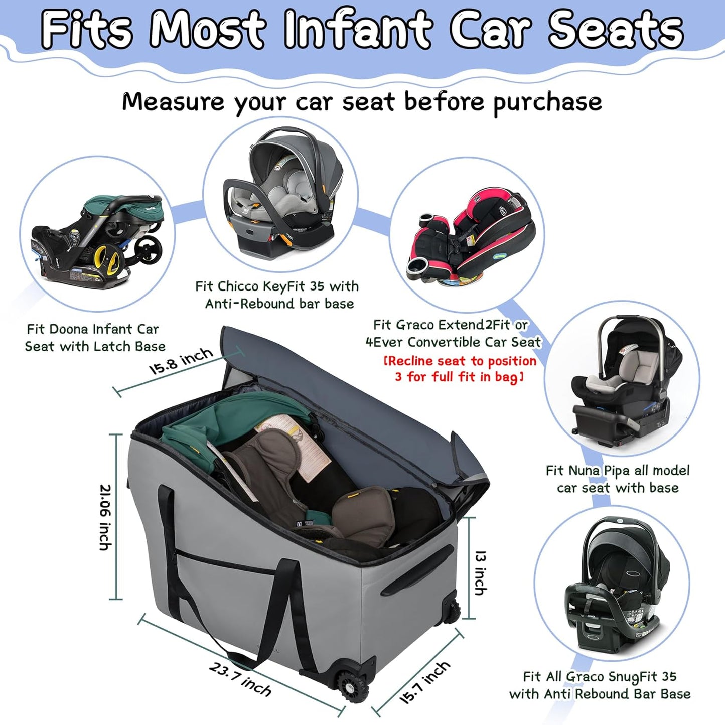 Car Seat Bags for Air Travel Fit Chicco Keyfit 35 and Anti-rebound Bar Base, Fit Doona Car Seat Stroller and Base, Nuna Pipa Travel Bag, Infant Car Seat Bag, Doona Travel Bag