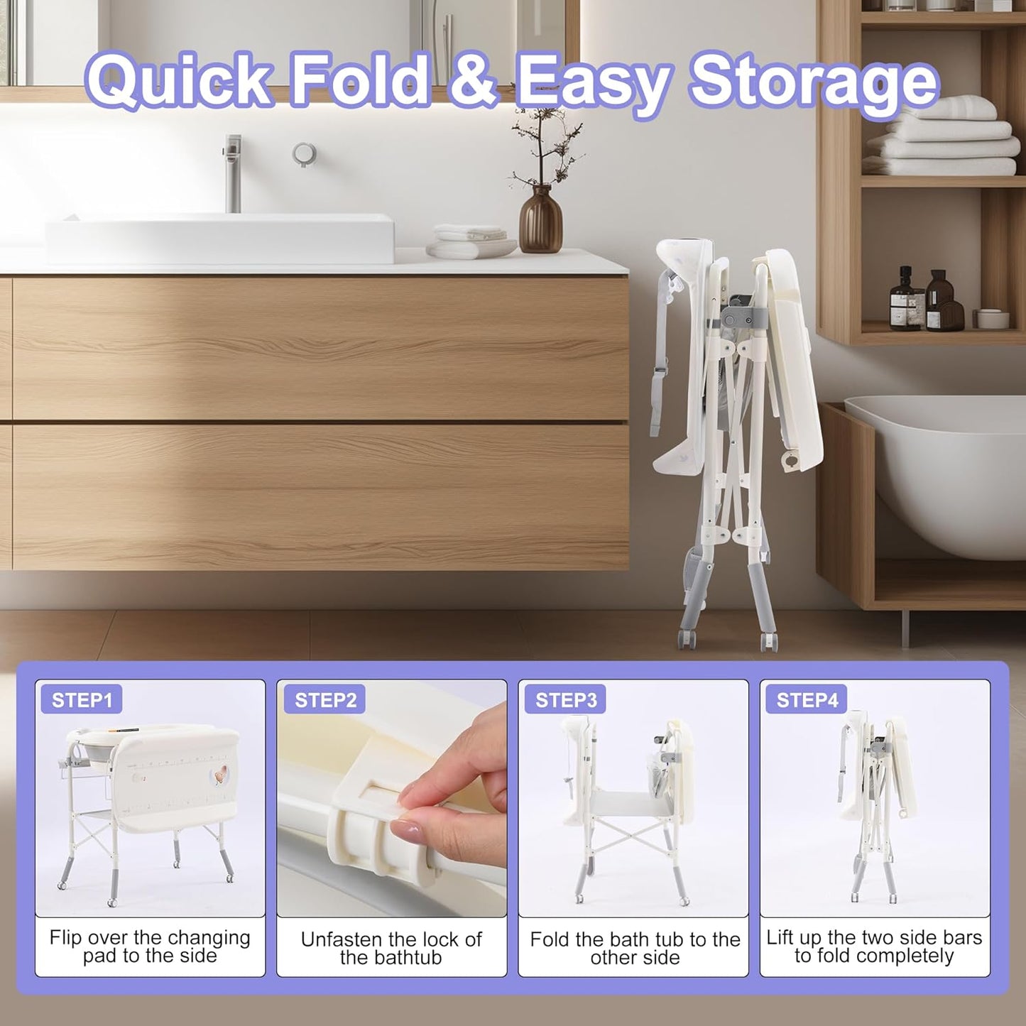 2-in-1 Baby Bathtub with Changing Table, Foldable Diaper Changing Station with 4 Wheels, Waterproof Pad, Storage Rack and Baby Bath Tub, Adjustable Height Portable Nursery Organizer for Newborn Infant