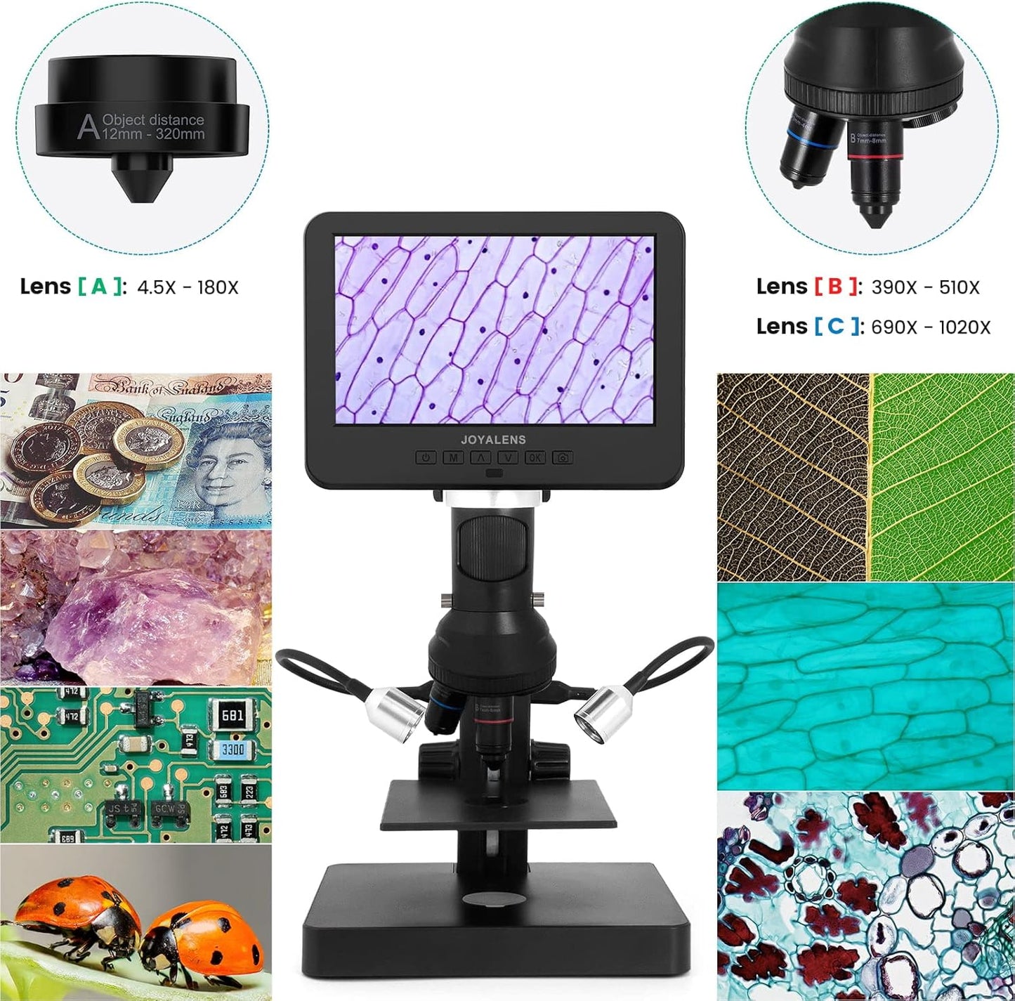 JL246P 3 Lens 7'' LCD Digital Microscope 1000X, Biological Microscope with Prepared Slides for Adults and Kids,12MP for Coin Microscope Full Coin View, 32G Card, Multiple Lights