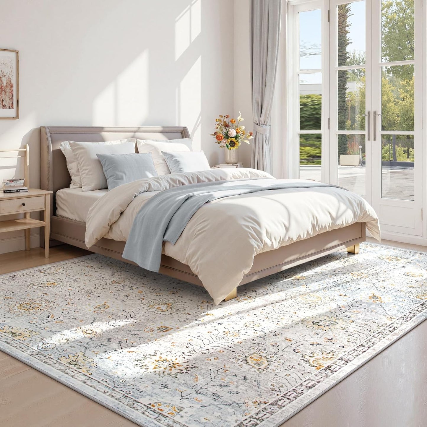 Lahome Boho Light Blue Area Rug 8x10 for Living Room, Soft Floral Rugs for Bedroom Aesthetic, Washable Floor Carpet Non Slip Indoor for Dining Room Home Decor