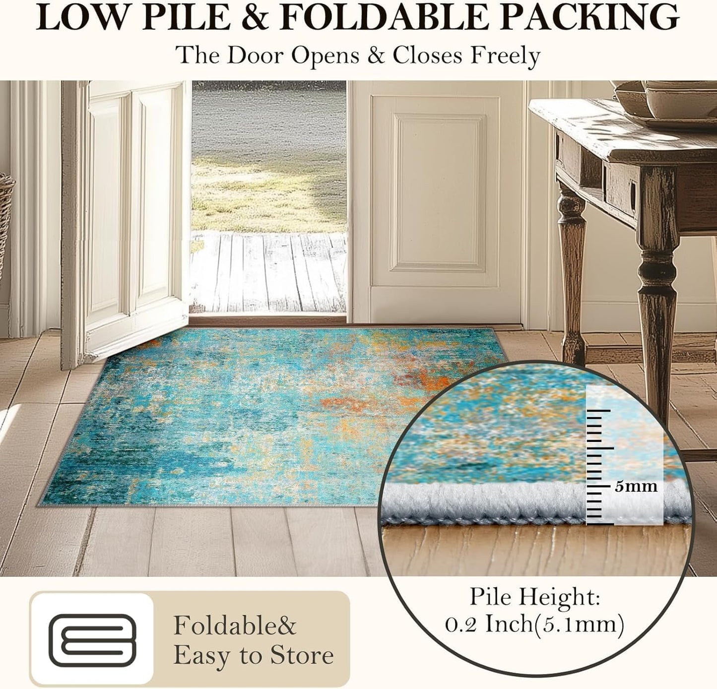 Washable Area Rugs 8ft Non-Slip Modern Abstract Soft for Living Room Entryway Bedroom Nursery, Print Pattern, Teal Blue Green Orange Rust Red Colorful