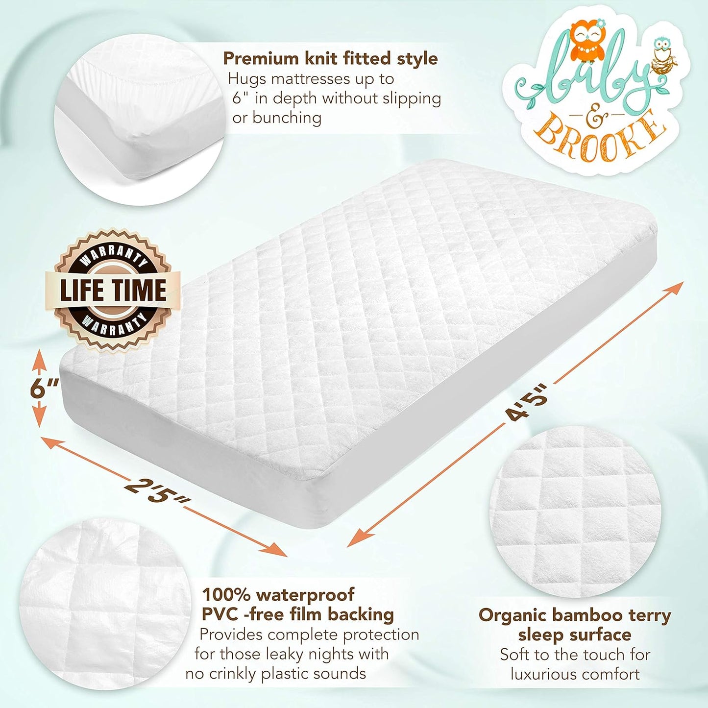 Organic Bamboo from Viscose Fitted Crib Mattress Protector Pad by Baby&Brooke – 100% Waterproof, Absorbent, Non-Toxic, Breathable Mattress Cover - (52"x 28"x 8")