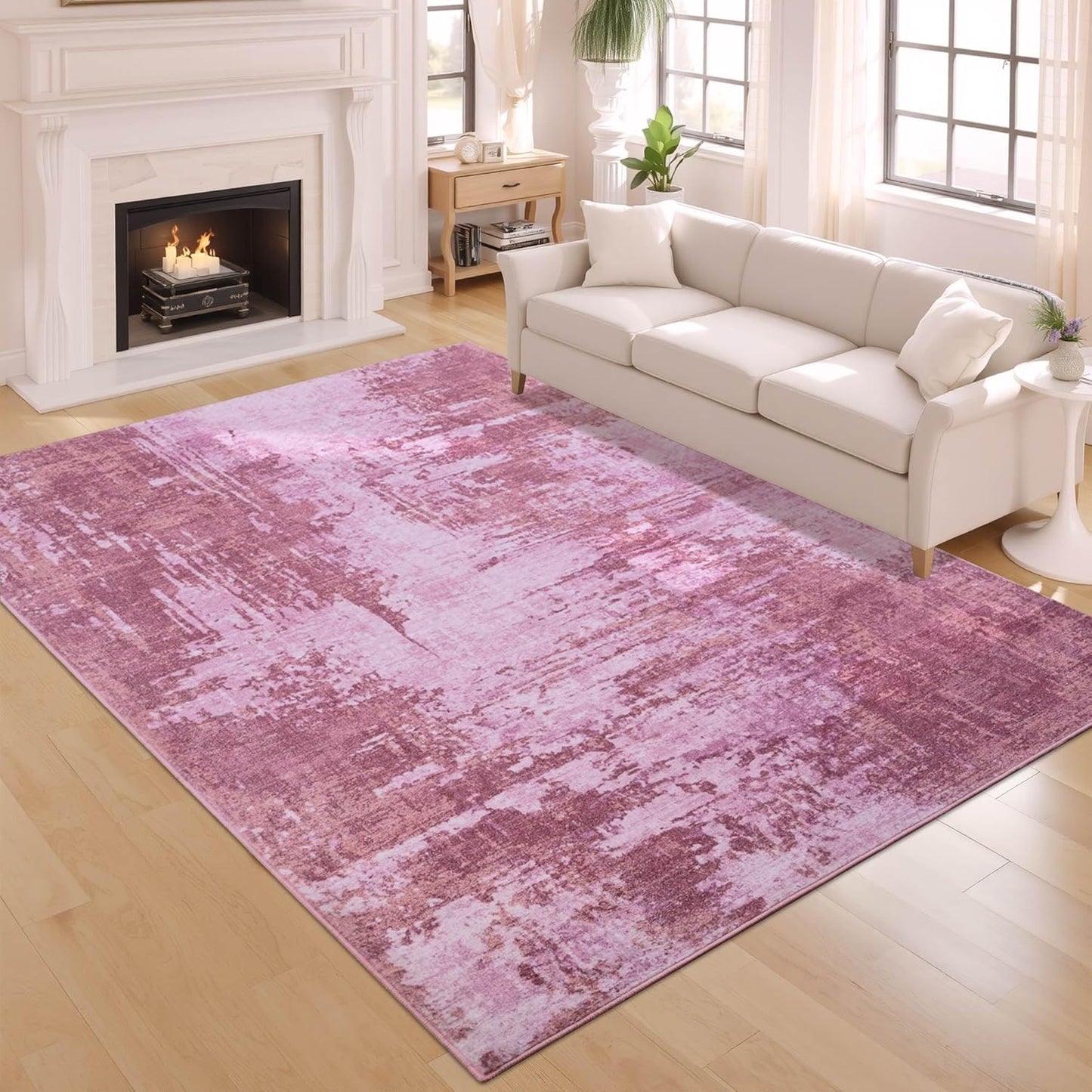 Living Room Rugs 6x9 Hot Pink Washable Area Rug, Abstract Modern Bedroom Rugs Non Slip Stain Resistant Neutral Large Carpet for Nursery, Dining, Kids Playroom, Dining Room, Office
