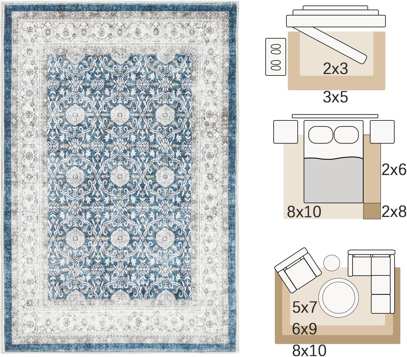 jinchan Floral 2x3 Rugs for Entryway - Machine Washable Dark Blue Vintage Distressed Boho Design Soft Faux Wool Small Non-Slip Doormat for Entrance Kitchen Living Room Bedroom (2‘x3',Dark Blue)