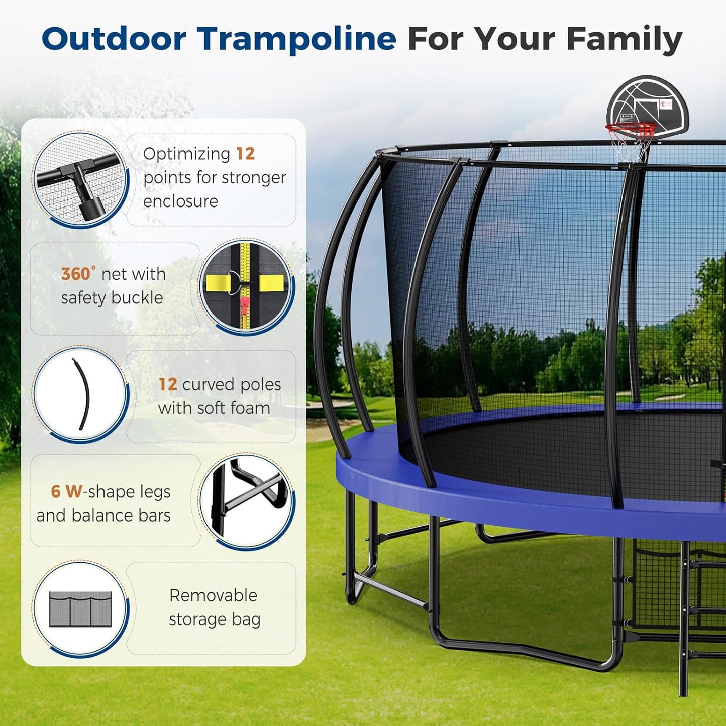 Tatub Large Trampolines Outdoor 10 12 14 15 16FT for Kids and Adults,Outdoor Recreational Pumpkin Trampolines with Curved Poles and Safety Enclosure Net, Basketball Hoop, Ladder