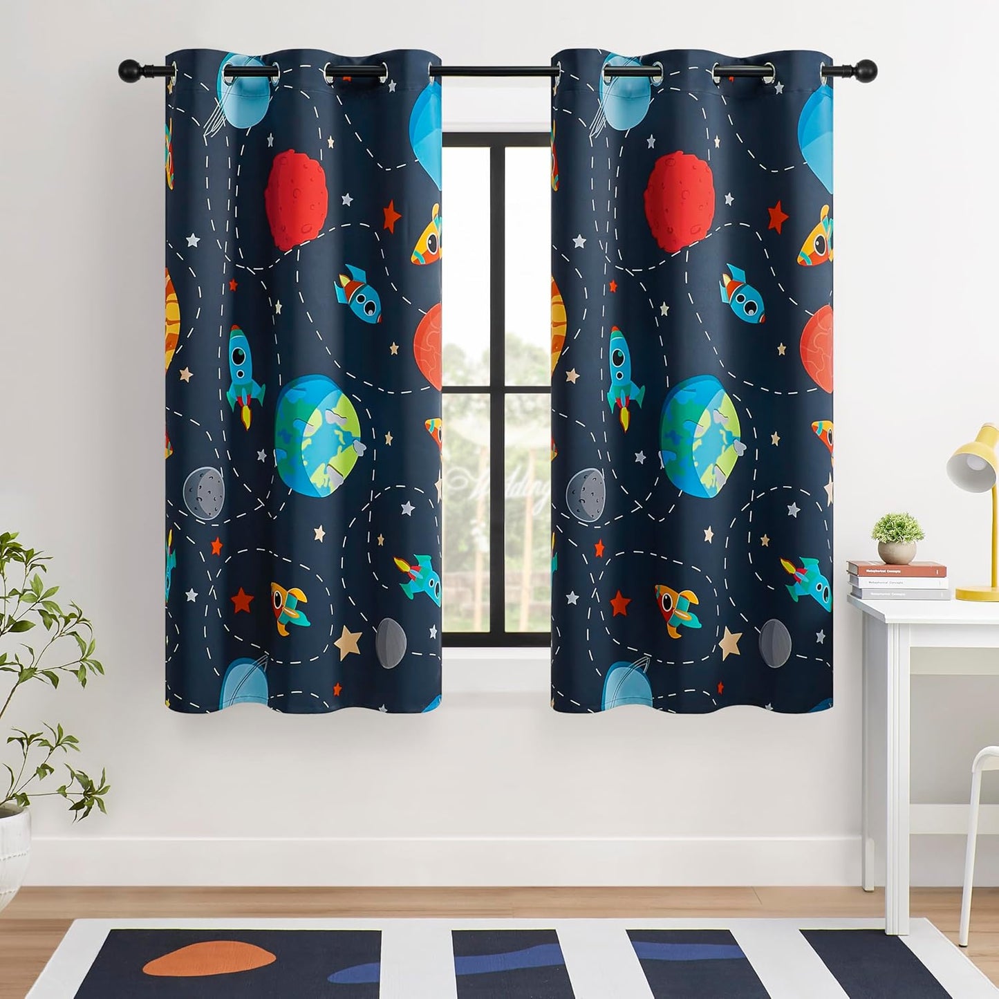 Kids Space Themed Blackout Curtains - 2 Panels, Each W42×L54, 100% Blackout, Perfect for Bedroom and Nursery, Energy Saving with Vibrant Cosmos Patterns