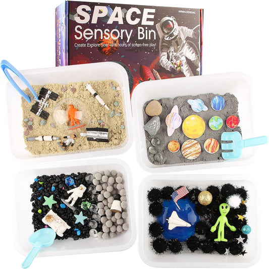 Space Themed Toys Sensory Bin Filler,Planet Toys for Kids, Universe Solar System Toys for Autistic Children, Space Astronauts Sensory Toys for Toddlers with 9 Planets, Sand, 3 Tools and More