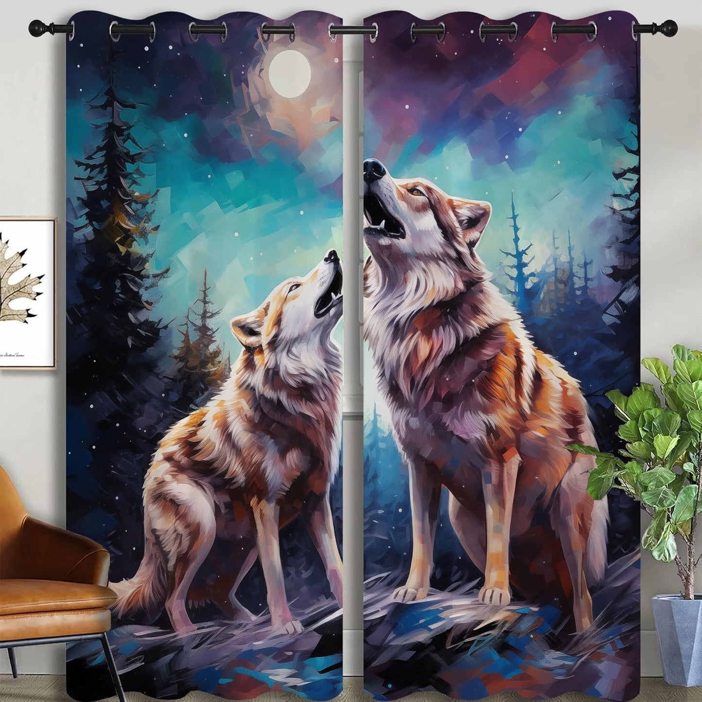 Wildlife Blackout Curtains for Boys Girl Bedroom Decor,Fantasy Starry Full Moon Wolf Howling Thermal Insulated Grommet Drapes Darkening Window Curtain for Living Room Home 84x72 inch
