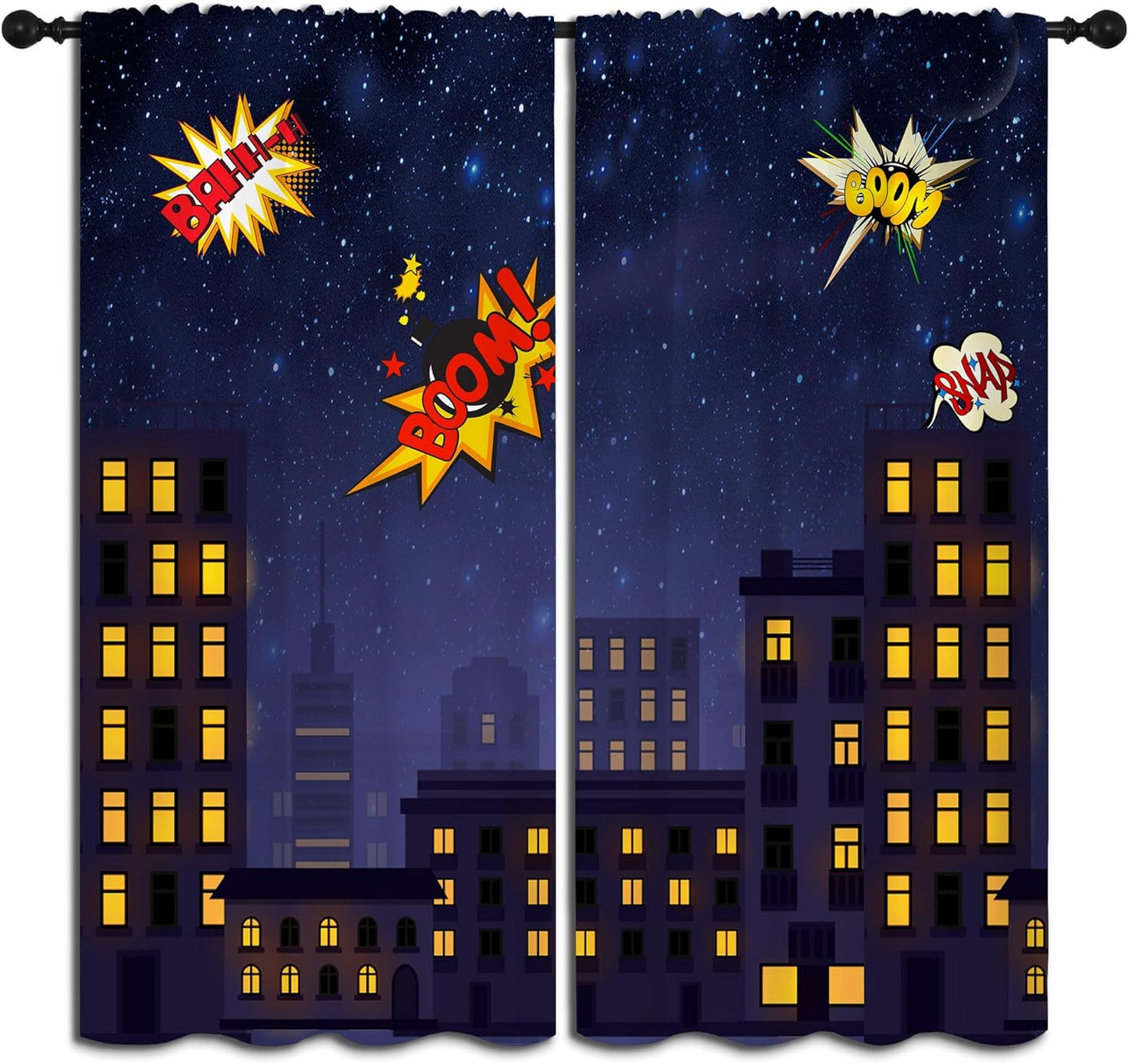 Super Hero Rod Pocket Blackout Curtains for Boy Girl Bedroom, Exploding City Starry Cartoon Skyline Home Energy Efficient Light Filtering Window Curtain for Living Room, 42x63 inch