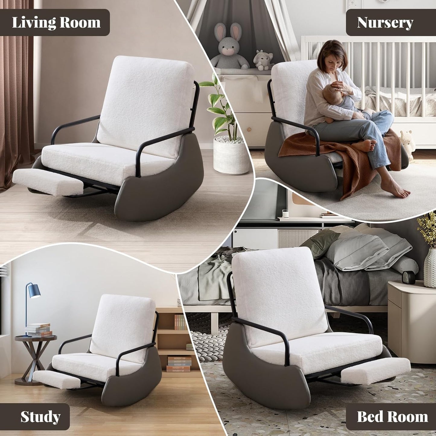 Nursery Rocking Chair, Teddy Upholstered Glider Rocker Modern Accent Chair Padded Seat with High Backrest,Comfy Side Chair for Nursery,Living Room Bedroom Offices, White