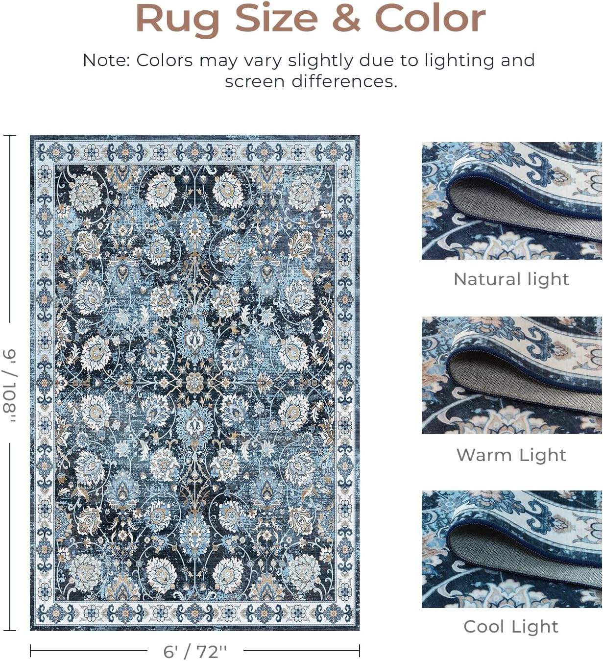 6x9 Area Rug for Living Room & Bedroom, Washable Non-Slip Vintage Rugs, Floral Soft Carpet, Low Pile Wool Carpets for Indoor Dining Home Office Playroom Under Table, Modern Decor, Blue Garden