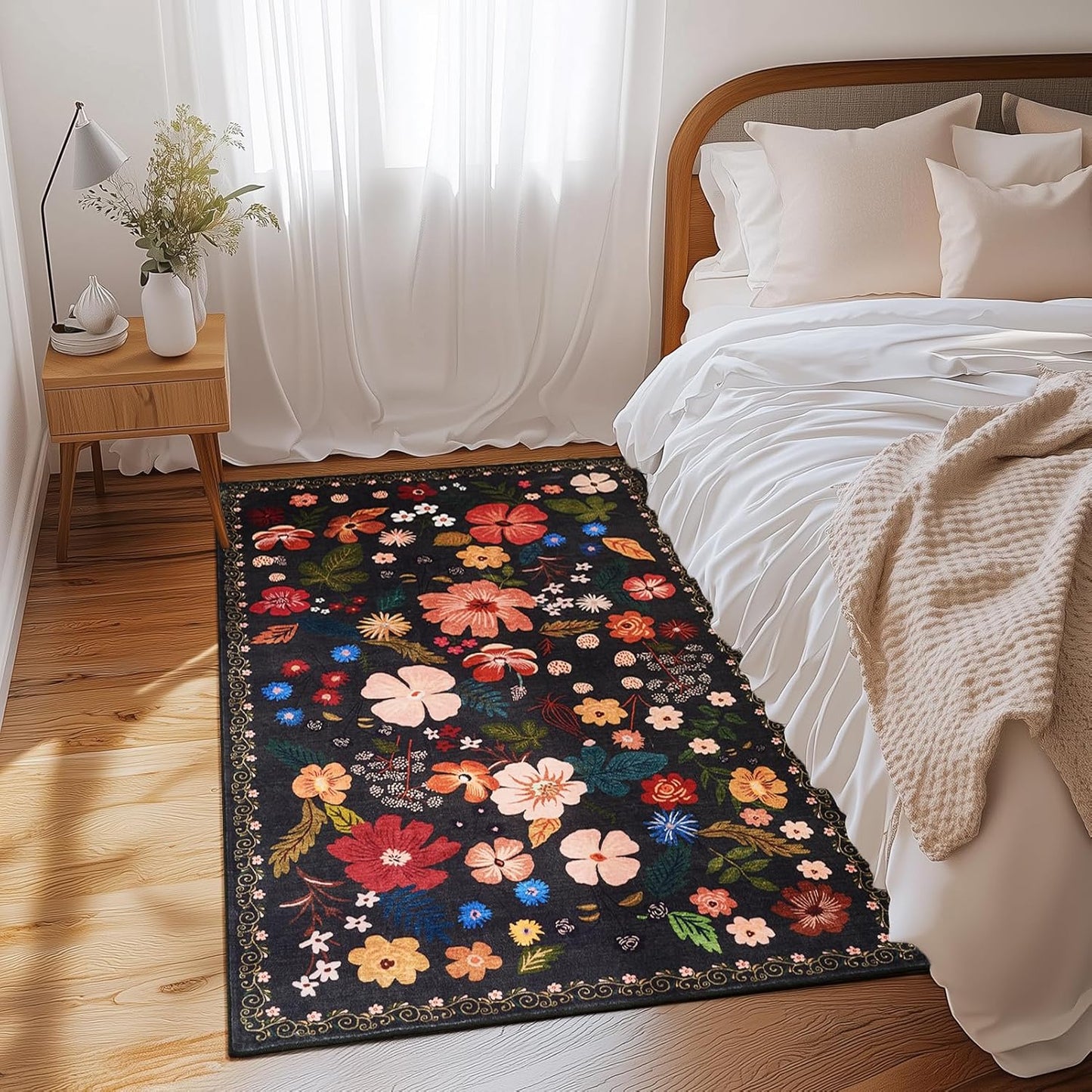 Area Rugs 3x5 for Living Room Machine Washable Soft Faux Fur Black Small Carpet Rug Low Pile Non Slip Stain Resistant Vintage Boho Floral Rugs for Bedside Indoor Entrance Nursery Study Room