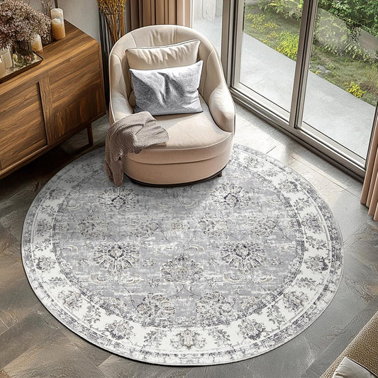 jinchan Round Rug 6ft Area Rugs Vintage Floral Distressed Design - Machine Washable Non-Slip Low-Pile Ultra-Thin Circle Rug for Entryway Bedside Living Room Dining Room Bedroom (6' Round,Grey)