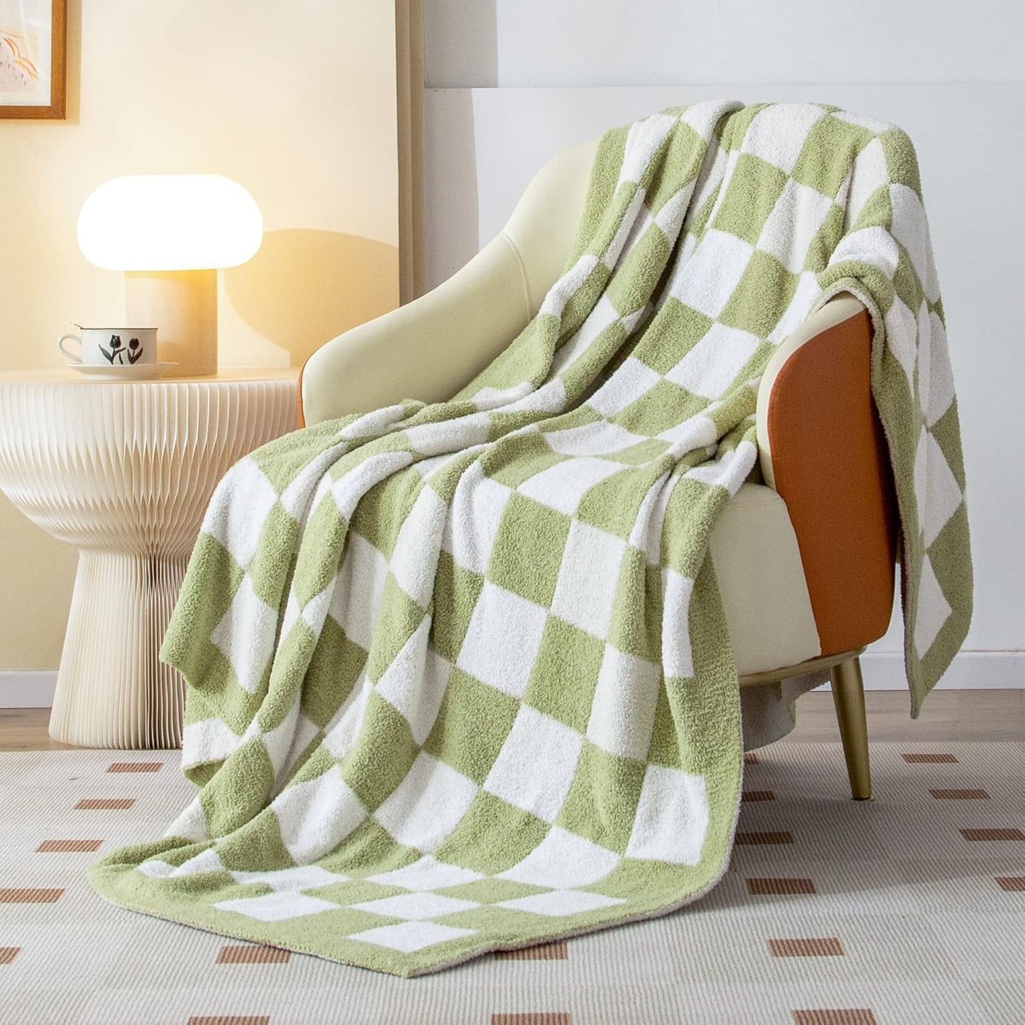 SeaRoomy Checkered Throw Blanket, Ultra Soft Cozy Reversible Checkerboard Fuzzy Blanket, Fluffy Lightweight Microfiber Knit Throw Blanket for Couch Sofa Bed Decor Gift(Sage Green, 51"×63")