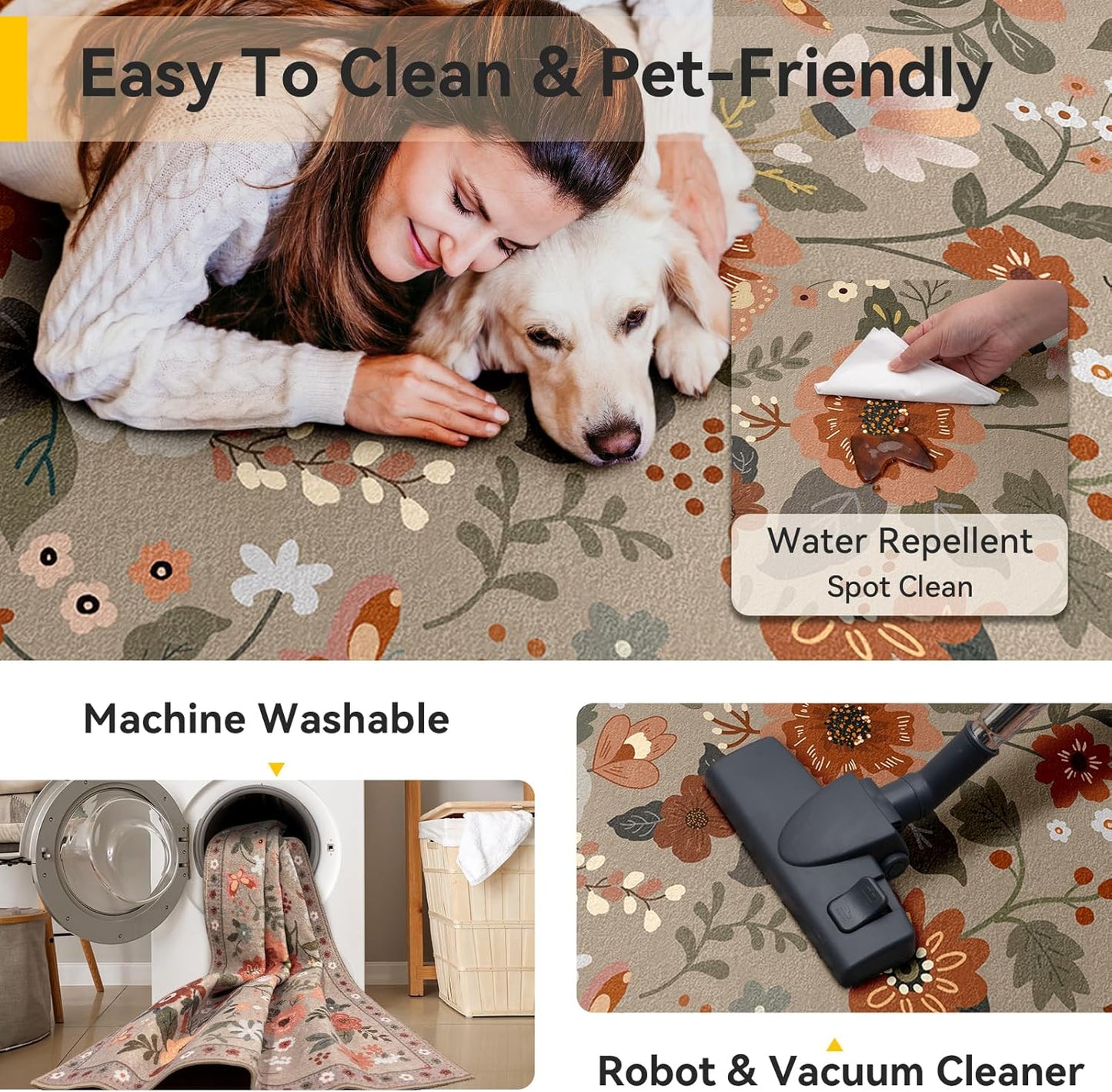 Floral 5x7 Area Rug Machine Washable Soft Print Boho Carpet Non Slip Doormat Low Pile Flower Area Rugs for Living Room Bedroom Nursery Kitchen Dining Room Indoor-Brown/Brick