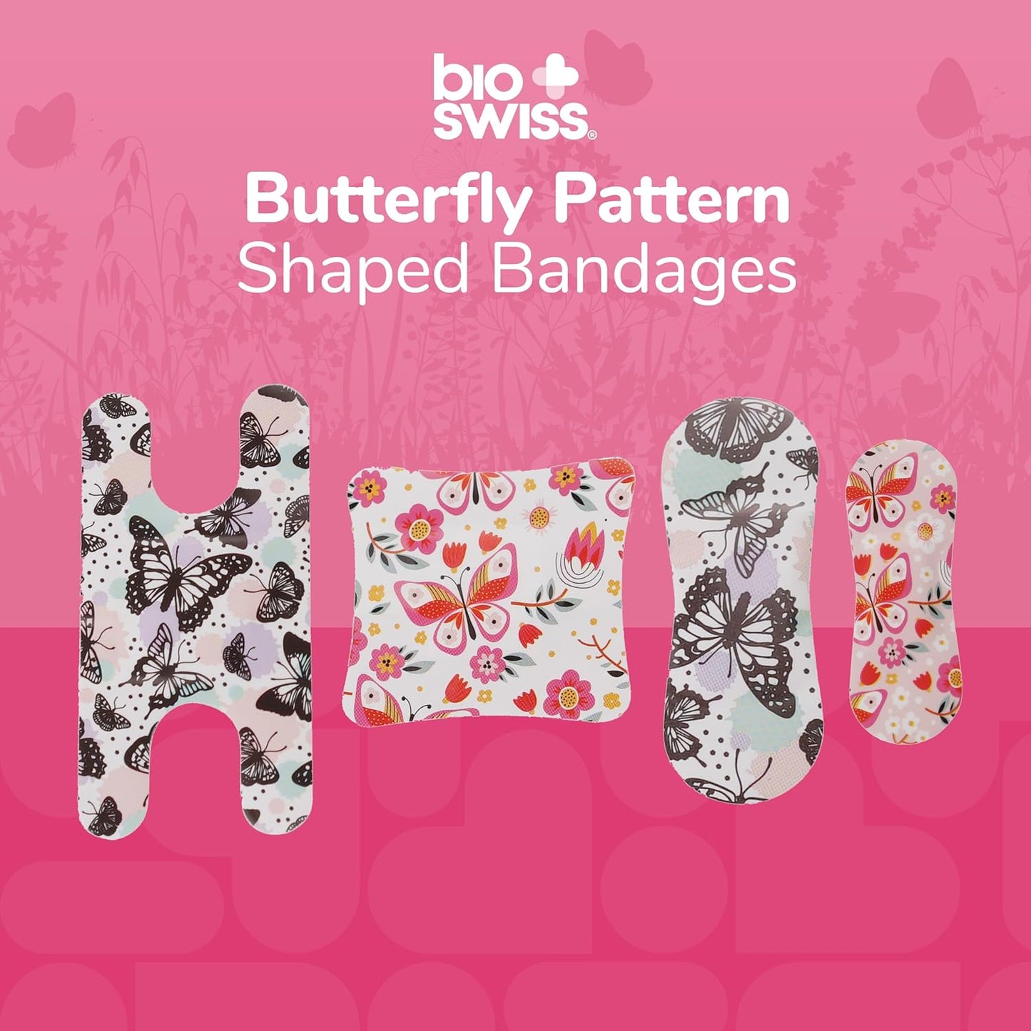 BioSwiss Bandages, Assorted Size Butterfly Print Self Adhesive Bandage, Latex Free Sterile Wound Care, First Aid Kit Supplies for Kids and Adults, 60 Count