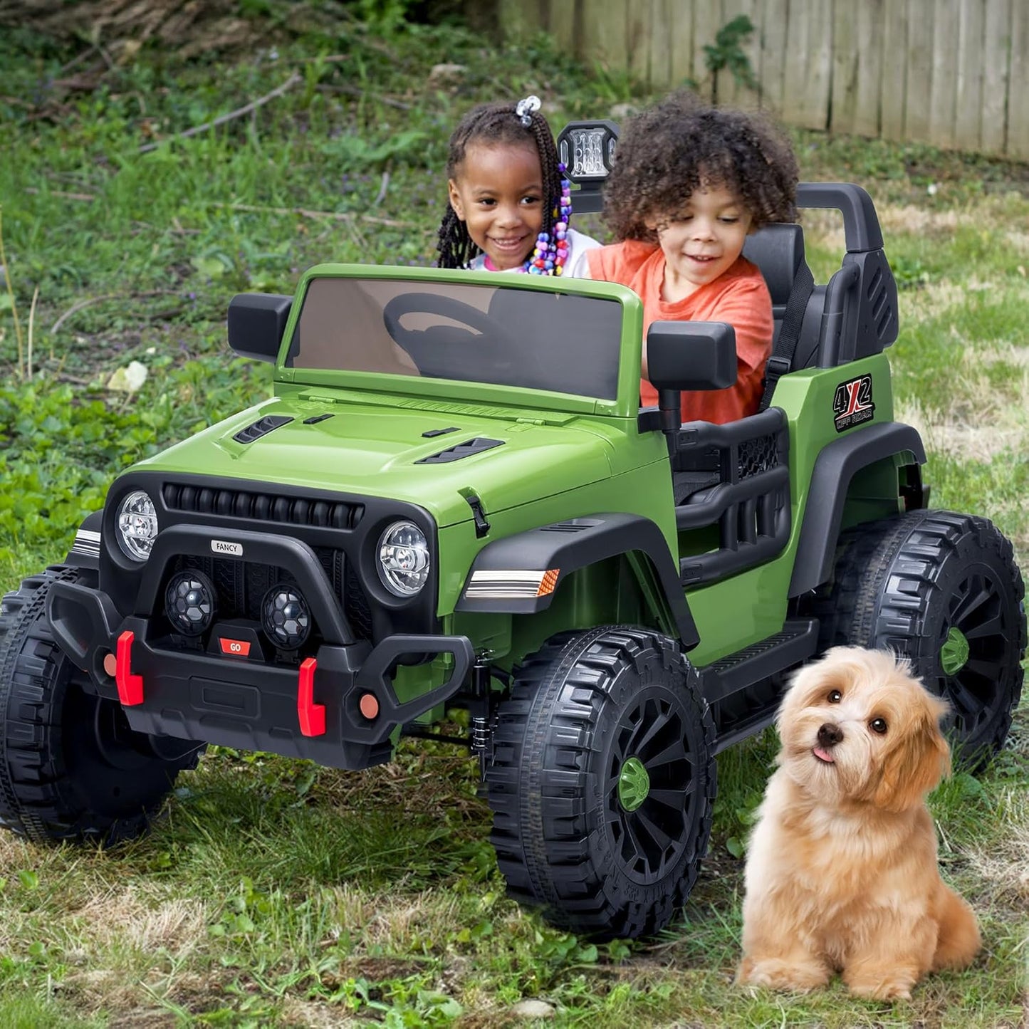 2 Seater Ride on Car Truck, 12V Kids Electric Ride on Toy for Big Kids Age 3-8 w/Remote Control- Army Green