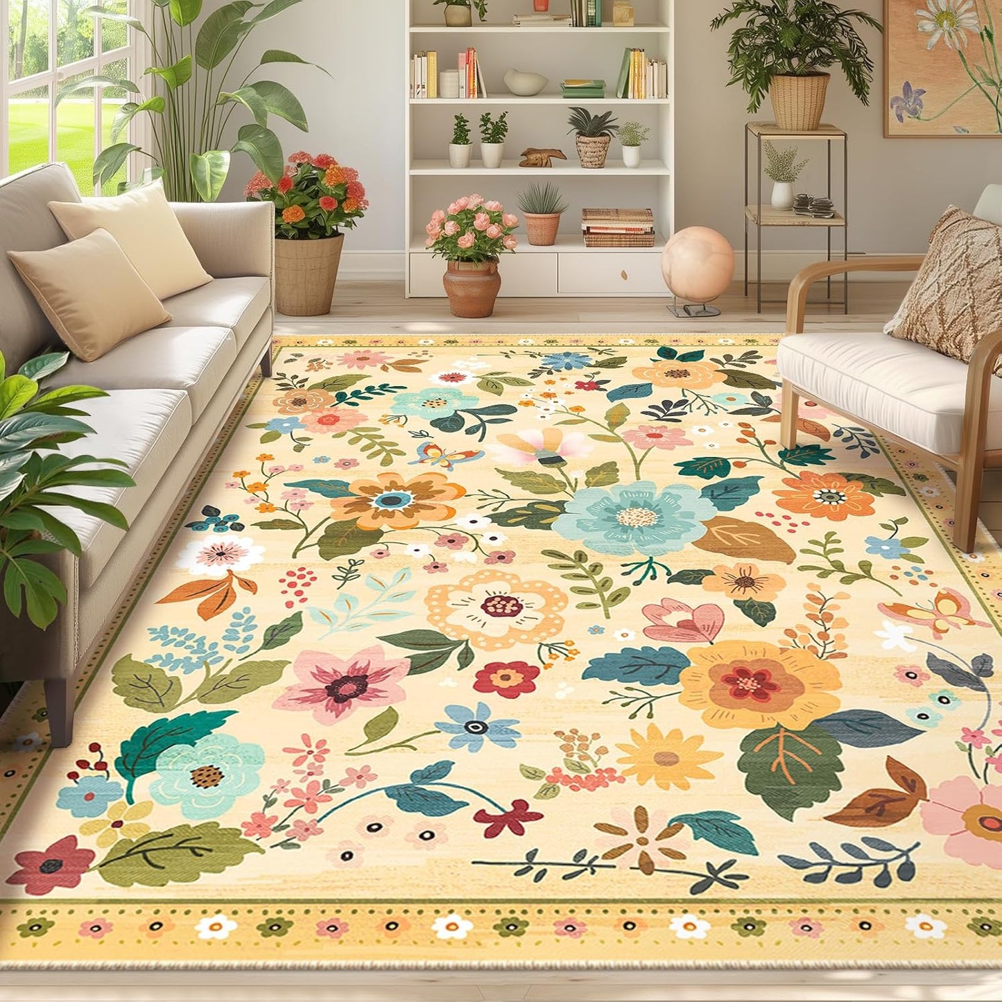 Floral 9x12 Area Rug Machine Washable Soft Print Boho Carpet Non Slip Doormat Low Pile Flower Area Rugs for Living Room Bedroom Nursery Kitchen Dining Room Indoor-Ivory/Yellow