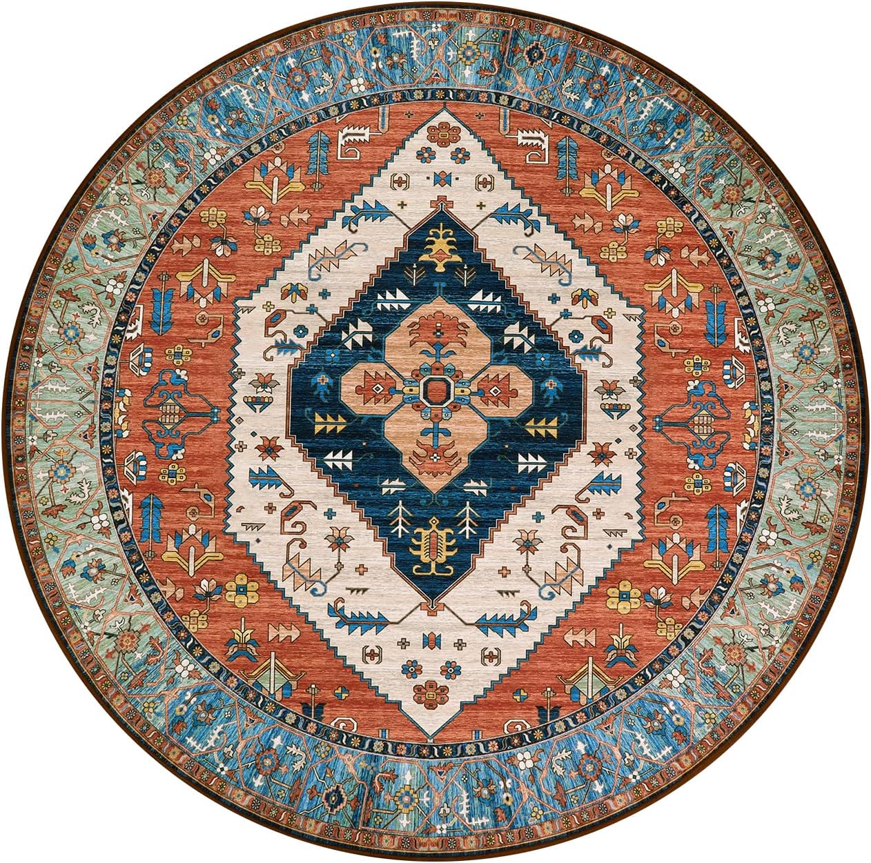Lahome Boho Washable 3Ft Round Area Rug, Non-Slip Throw Untra-Thin Small Round Carpet, Oriental Vintage Distressed Circle Rug for Bathroom Bedroom Kitchen Office Sofa, 3x3/Rust
