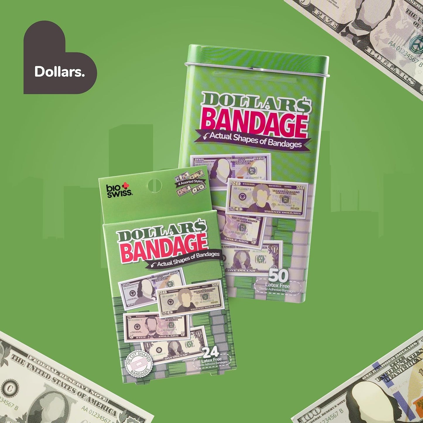 BioSwiss Bandages, Money Shaped Self Adhesive Bandage, Latex Free Sterile Wound Care, Fun First Aid Kit Supplies for Kids, 50 Count