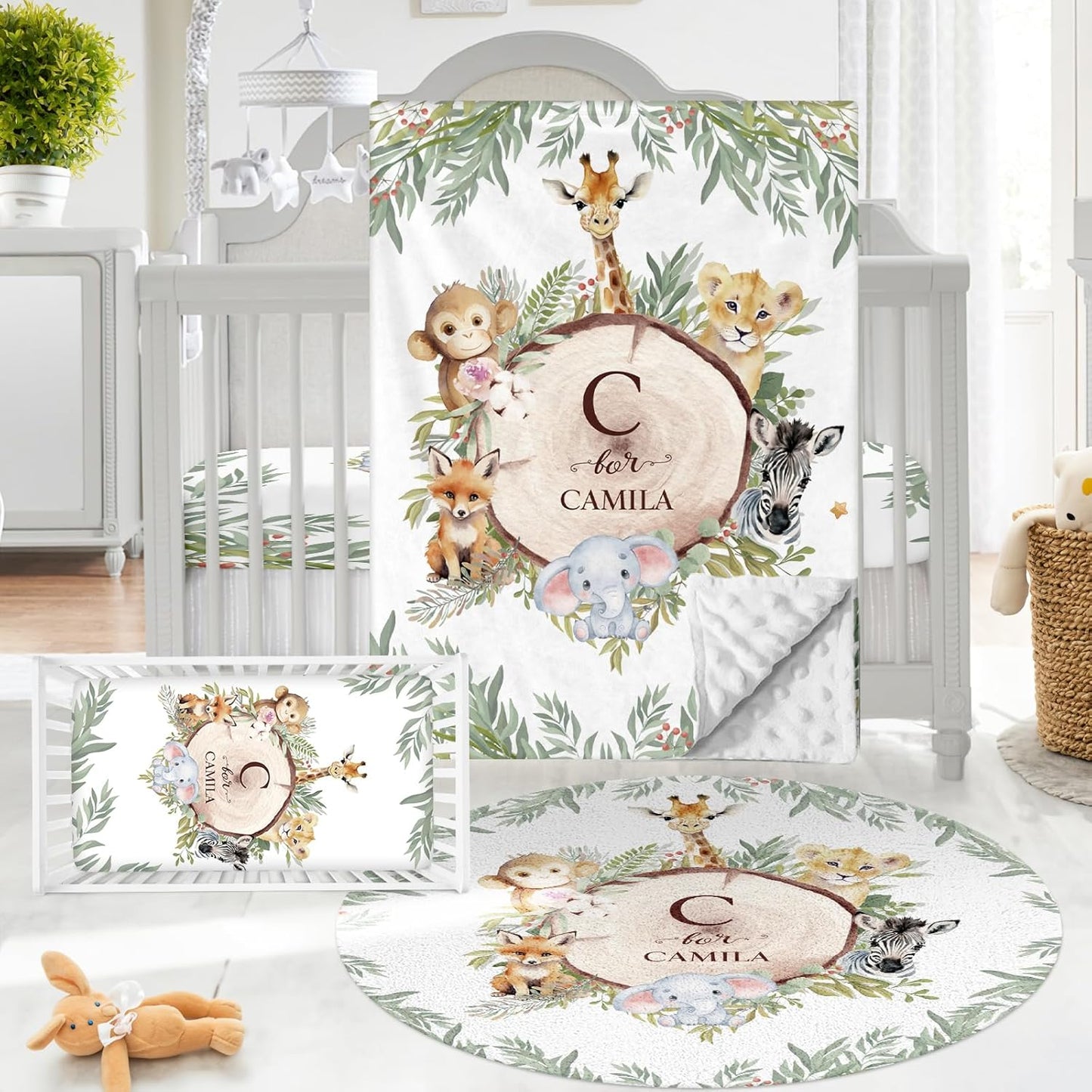 Personalized Baby Crib Bedding Set - Custom Name Animals and Forests 3 Pcs Set - Soft Blanket with Double Layer Dotted Backing, Fitted Sheet, Room Rug for Newborns Boys Girls Shower Gift