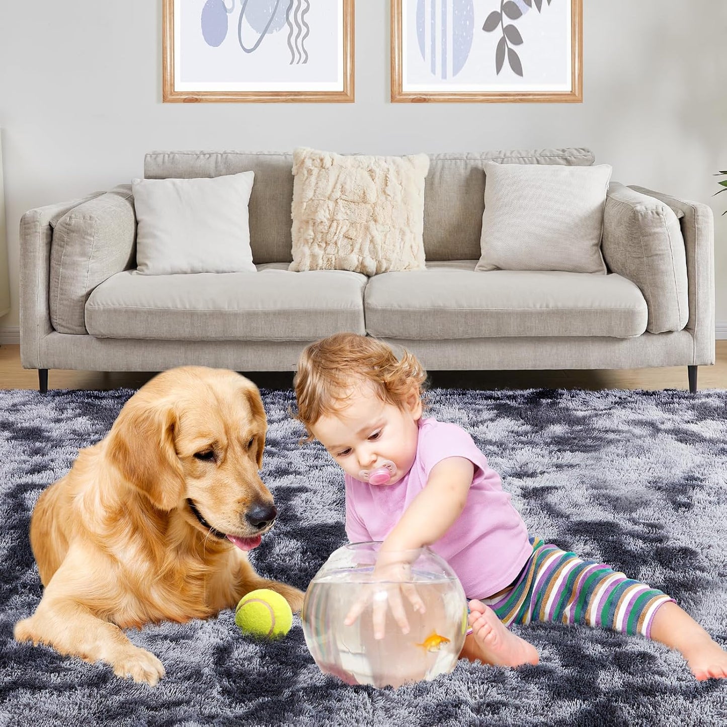 Ultra Soft Area Rugs for Living Room, 5x7 Tie-Dyed Dark Grey Fluffy Plush Rugs for Bedroom, Non-Slip Floor Carpet for Nursery Room, Bedside, Playroom, Corridor, Indoor Decor