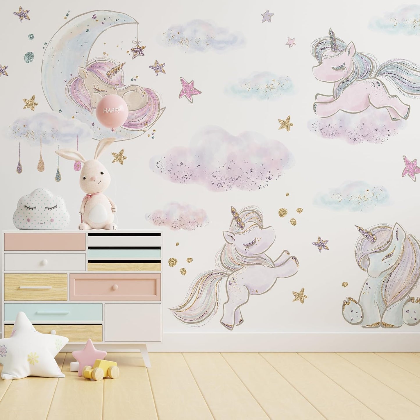 Unicorn Wall Decals by Lipastick - Vibrant Glitter Moon, Stars, Cloud Stickers for Girls Bedroom, Baby Nursery, Kids Room, Birthday Party Decor Art- Peel and Stick Gift Idea- XXL Size