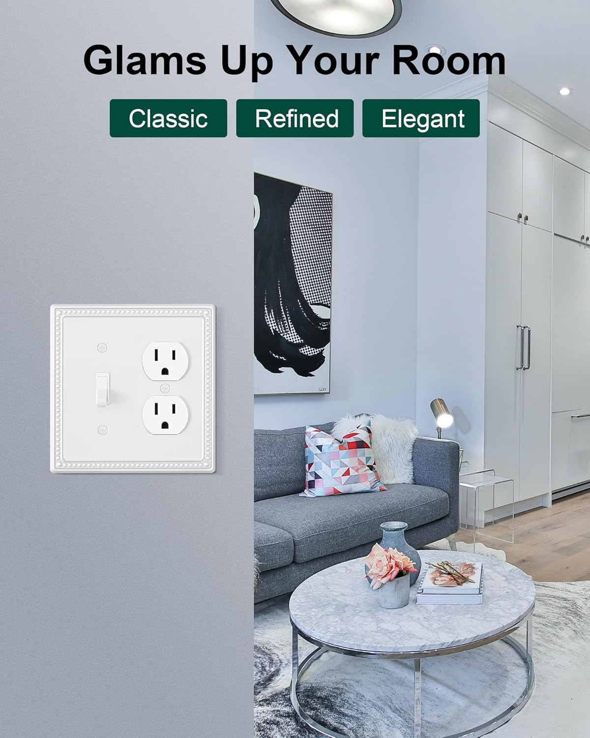 2-Pack Combo Toggle/Duplex Light Switch Cover Plate, Pure White Metal Wall Outlet Cover Plate, Decorative Classic Beaded Wall Socket Receptacle Cover for Electrical Outlets, Light Switch