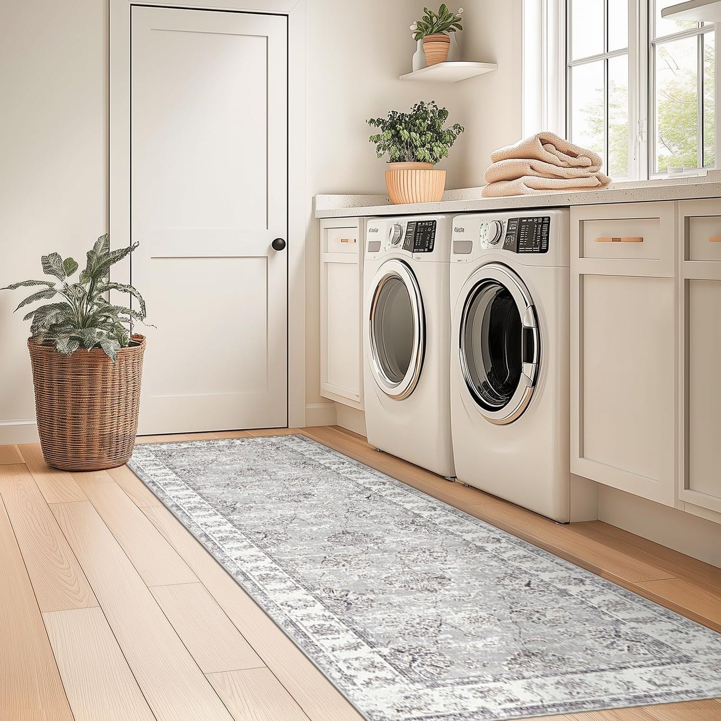 jinchan Runner Rug 2x7 Machine Washable Hallway Rug Grey Vintage Floral Print Non-Slip Low Pile Ultra-Thin for Kitchen,Entryway,Laundry Room,Bedroom,Farmhouse (2‘x7’,Grey)